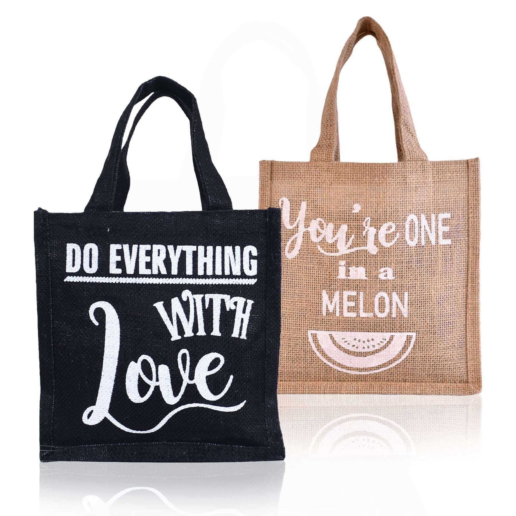 Kuber Industries Lunch Bag | Jute Carry Bag | Lunch Handbag | Lunch Bags for office | Reusable Lunch Bag with Handle | Tiffin Carry Lunch Hand Bag | Small | Pack of 2 | Multi 1