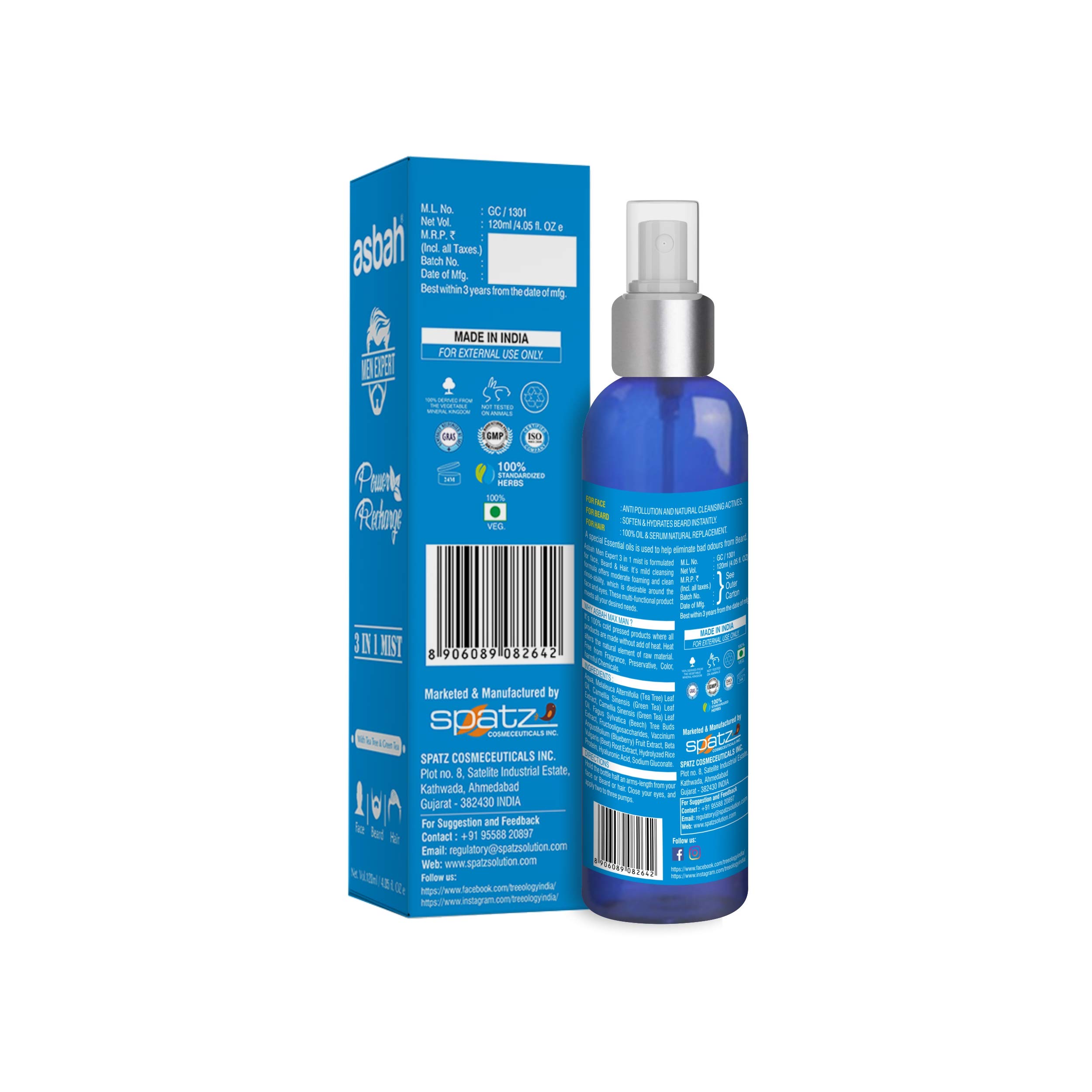 Asbah Men Expert 3 in 1 Mist For Face, Beard & Hair, Deep Cleansing, Waterless Face cleanser, Beard & Hair Conditioner 120ml 4