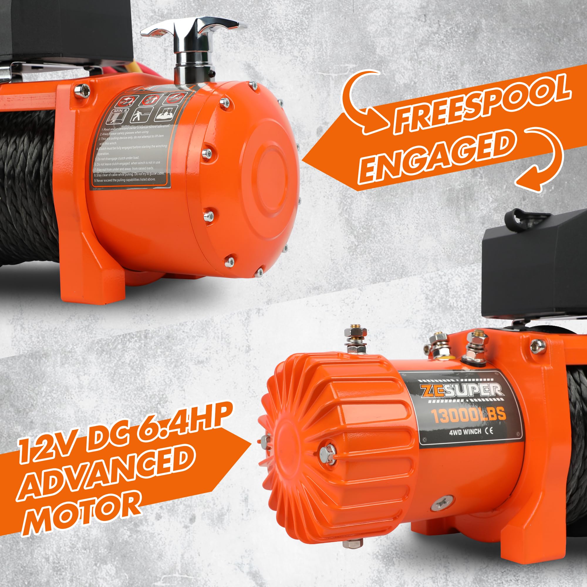 ZESUPER 13000 lbs Capacity Electric Winch Kit Waterproof IP67 Electric Winch Hawse Fairlead for Truck,SUV with Both Wireless Handheld Remote and Corded Control Recovery Synthetic Rope Orange 5