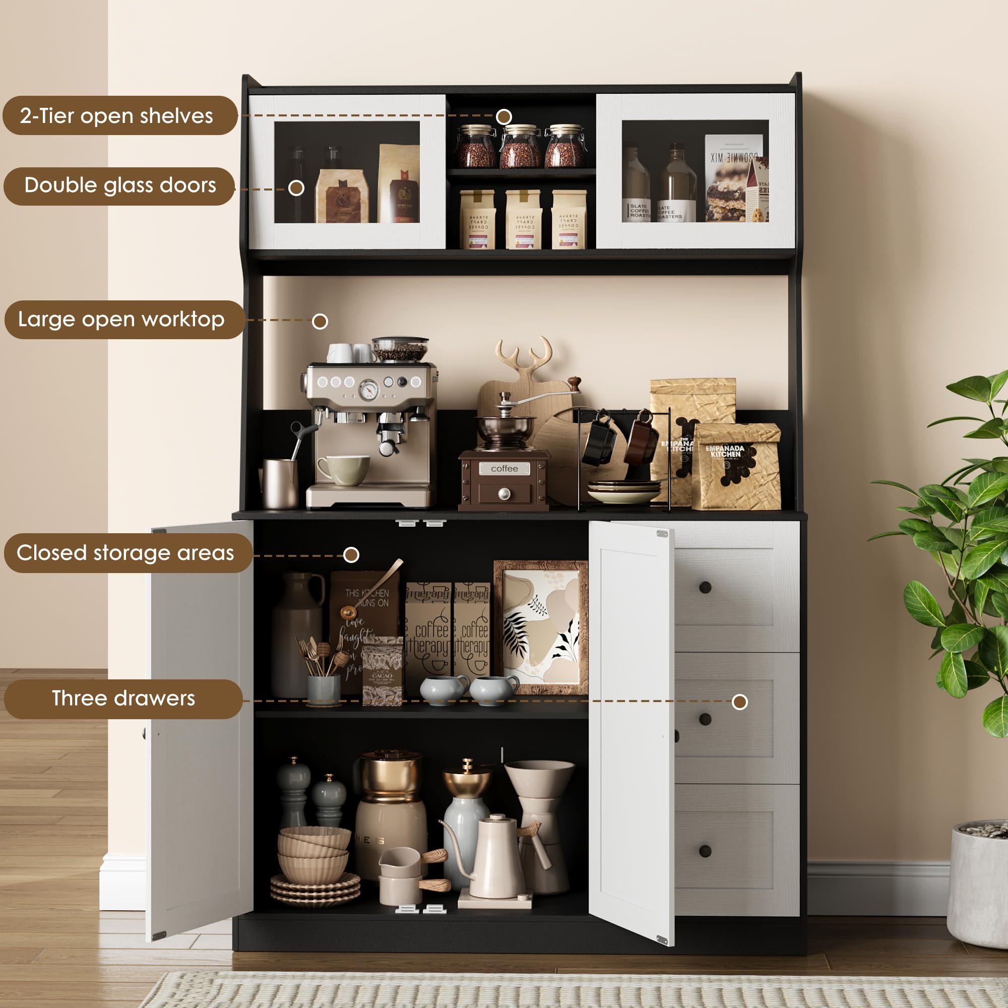 Kitchen Pantry Cabinet with Storage, Buffet Cabinet with Countertop for Microwave Stand, Tall Sideboard Storage Hutch Cabinets with LED, 3 Drawers & Adjustable Shelves for Dining Room, Black and White 5