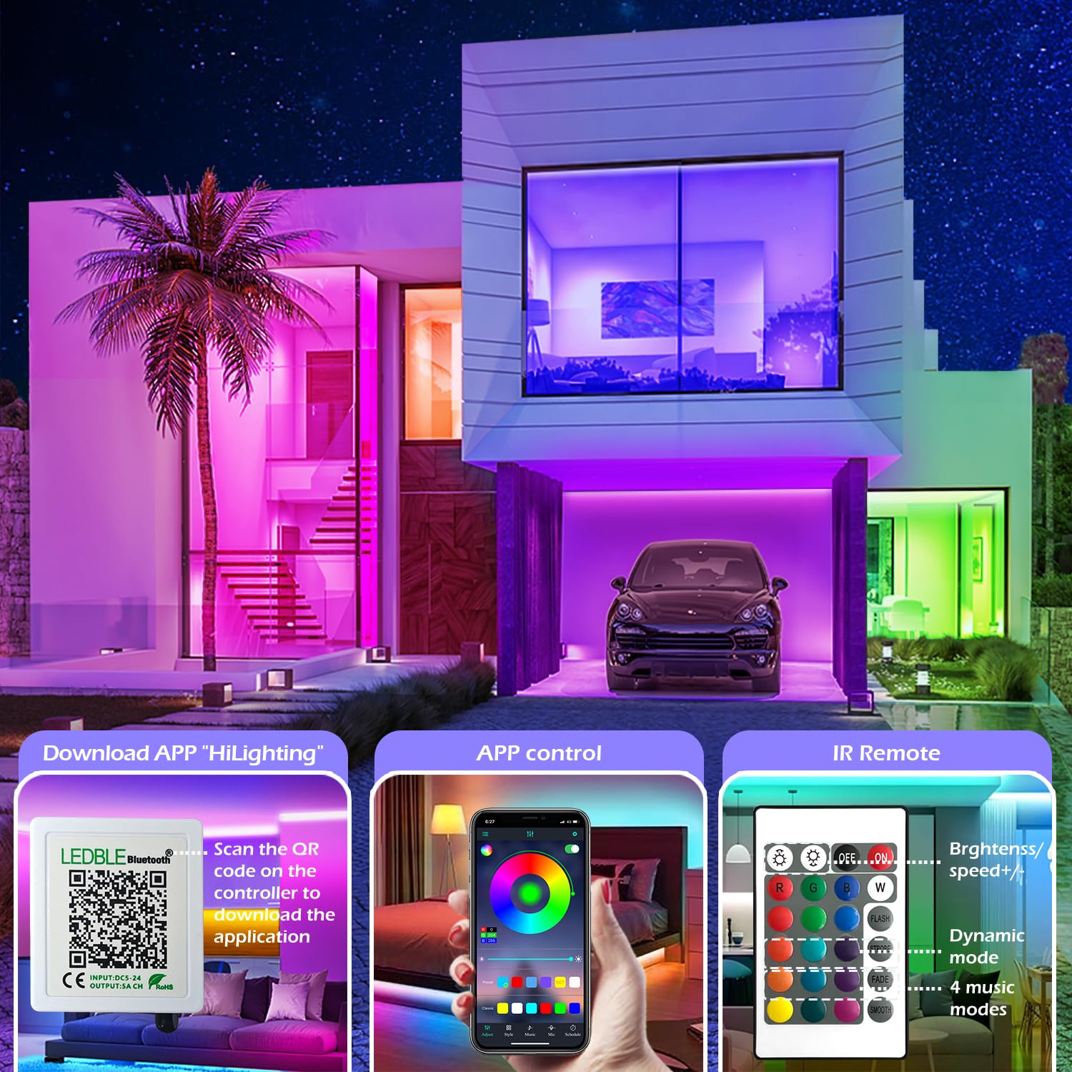 Led Strip Lights, 41ft/12m Long Smart Led Light Strips Music Sync 5050 RGB Color Changing Rope Lights,Bluetooth APP/IR Remote/Switch Box Control Led Lights for Bedroom,Home Decoration,Party,Festival 2
