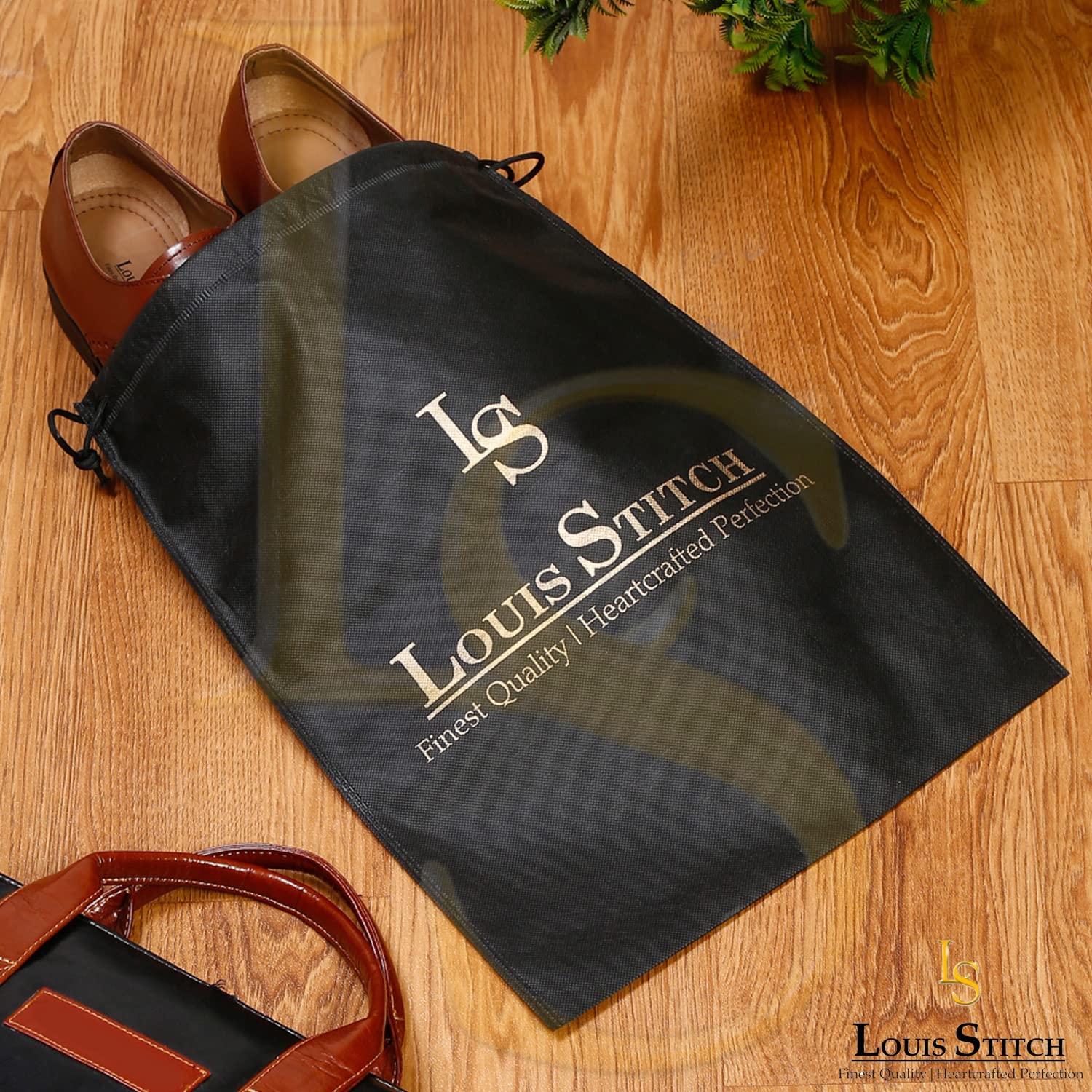 LOUIS STITCH Non-Woven Shoe Bag Travel Accessories Shoes Storage Cover Waterproof String Bag's Organizer Combo for Men Women Unisex (Pack of 12) (Black & Beige Plain) 3