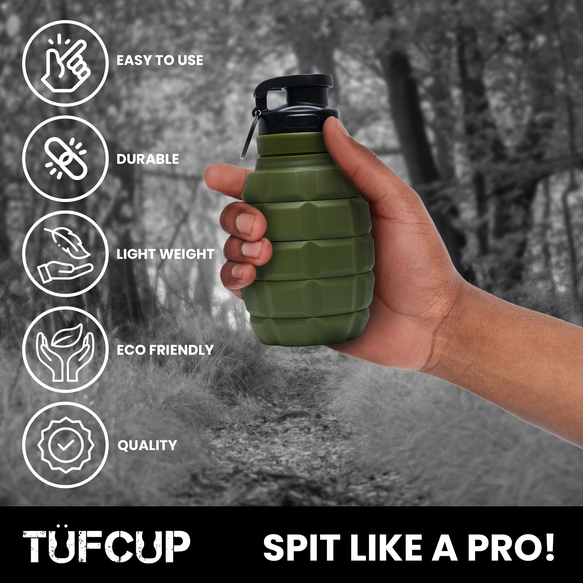 TUFCUP Spit Cup Spittoon for Chewing, Portable Reusable Spit Dipping Cup with Lid, Collapsible Spill Resistant Leak Proof Silicone Body Travel Spitter (Army Green) 5