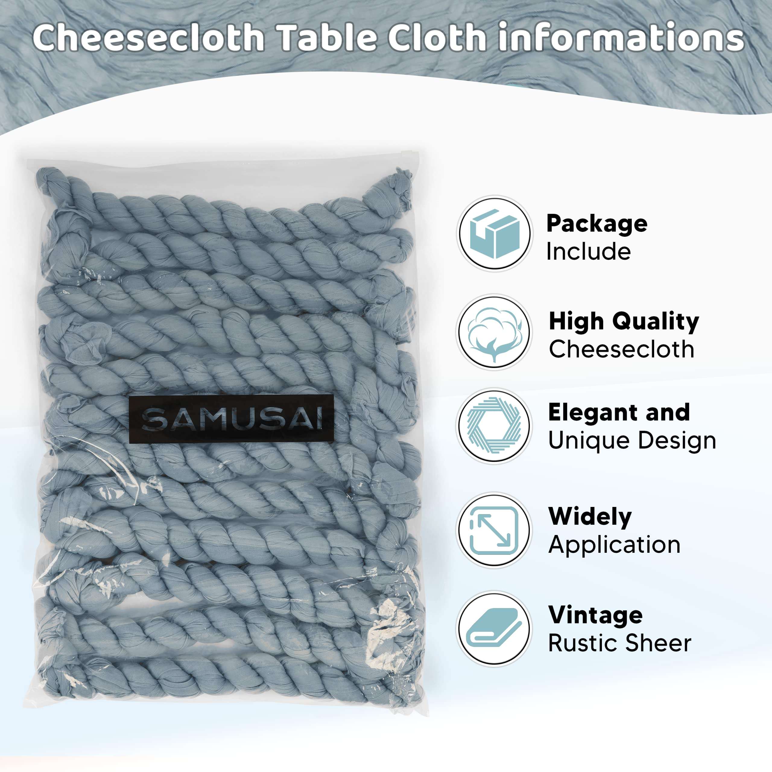 SAMUSAI Cheesecloth Table Runner Rustic Sheer Fabric & Boho Design for 8-10 Seater Long Table Decorations Ideal for Weddings, Bridal Shower, Birthday Parties Pack of 12 Dusty Blue (120”L x 35”W) 3