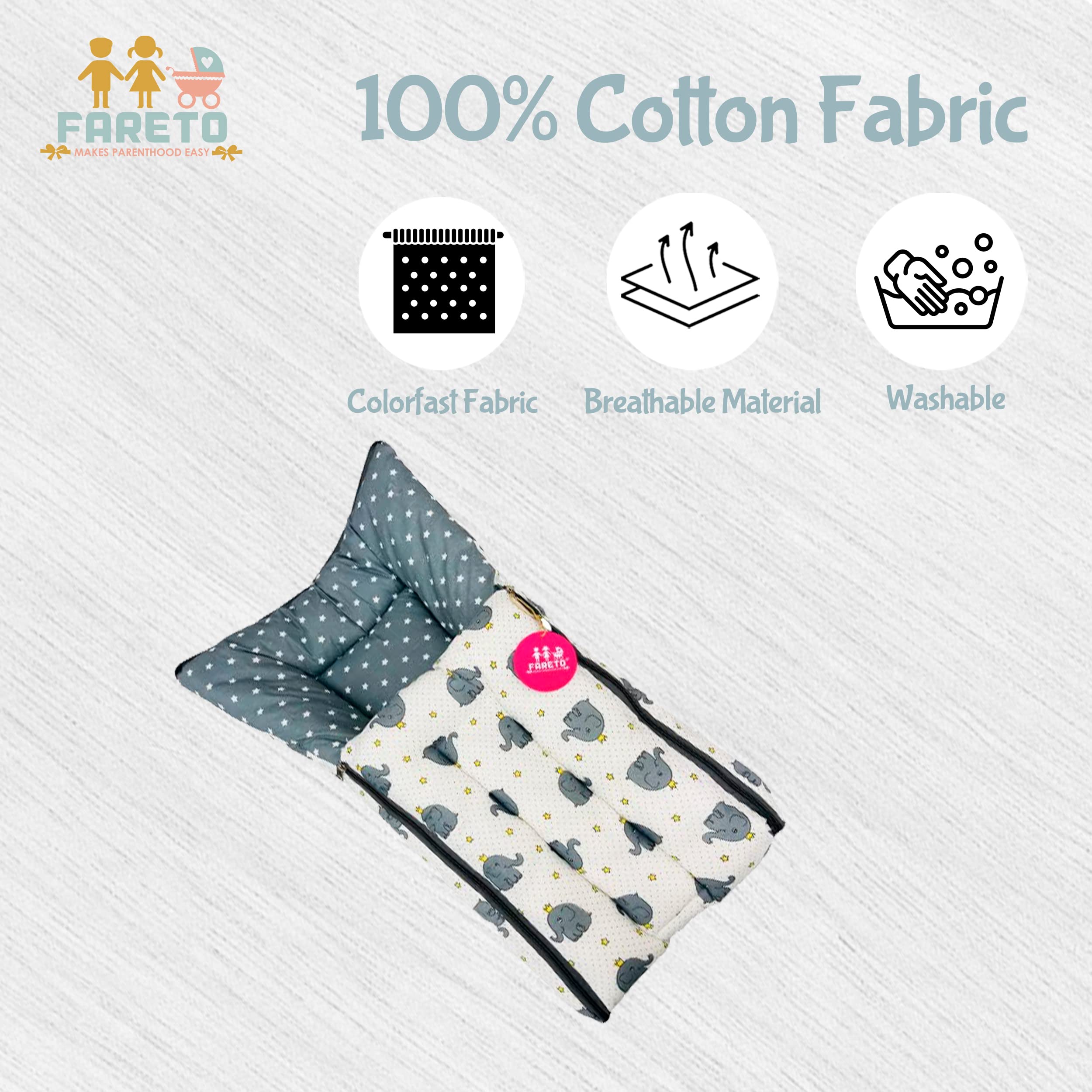 Fareto 3 in 1 Baby Bed, Sleeping Bag & Carry Nest, Cotton Baby Bedding for New Born (0-6 Months) (Gray Elephant) (Lightweight), Pack of 1 6