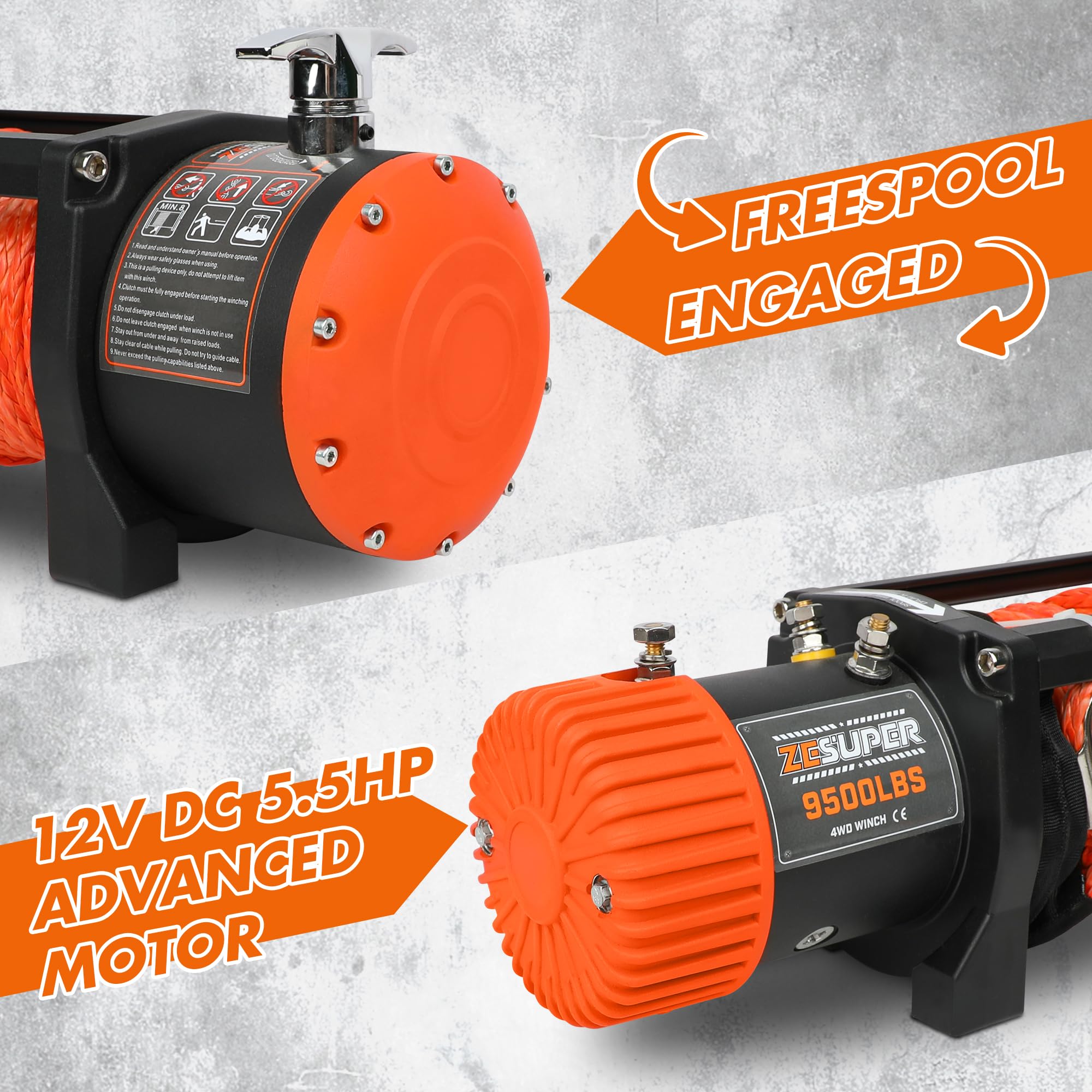 ZESUPER 9500 lb. Load Capacity Electric Winch,12V Electric Winch with Hawse Fairlead, Waterproof IP67 Winch with Wireless Handheld Remotes and Wired Handle Synthetic Rope 5