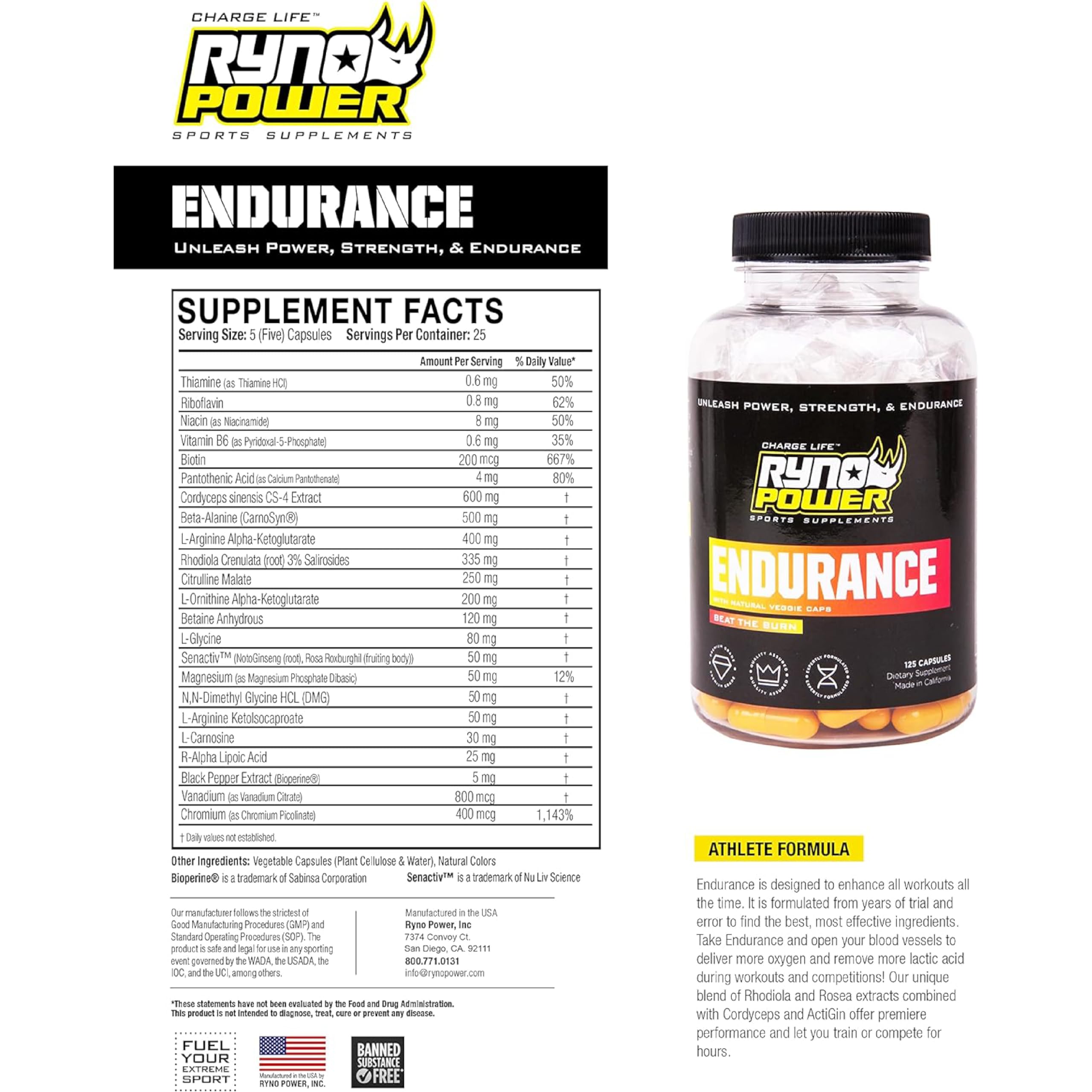 Ryno Power Endurance Capsules - Workout Harder and Longer - Reduce Lactic Acid Build-Up and Deliver More Oxygen to Your Muscles 5