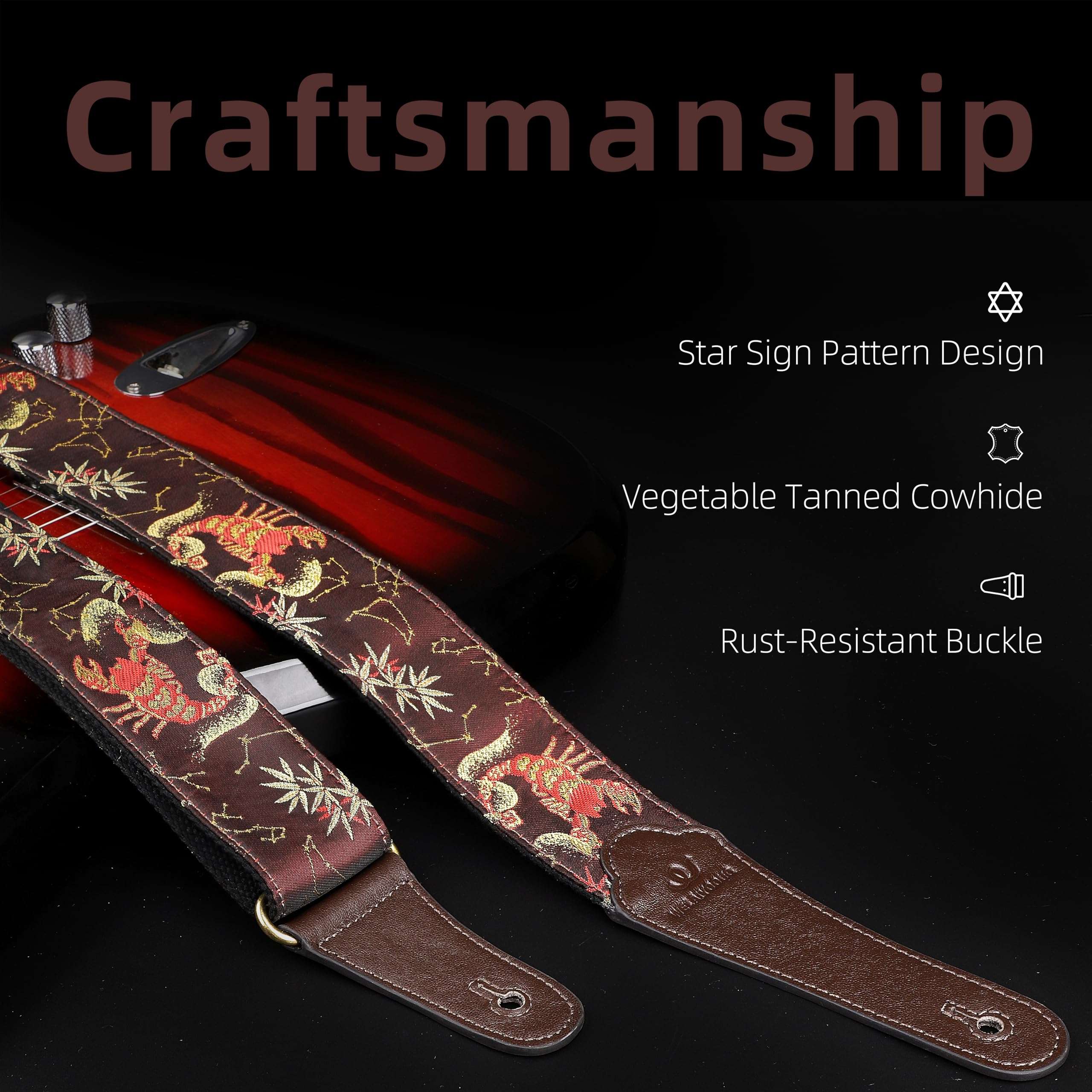 WELAIYOOUQ Guitar Strap, embroidery Jacquard Adjustable Guitar Straps for Acoustic/Bass/Electric Guitar, Includes Guitar Pick, Strap Button and Strap Lock, Constellation Gift (Scorpio) 4
