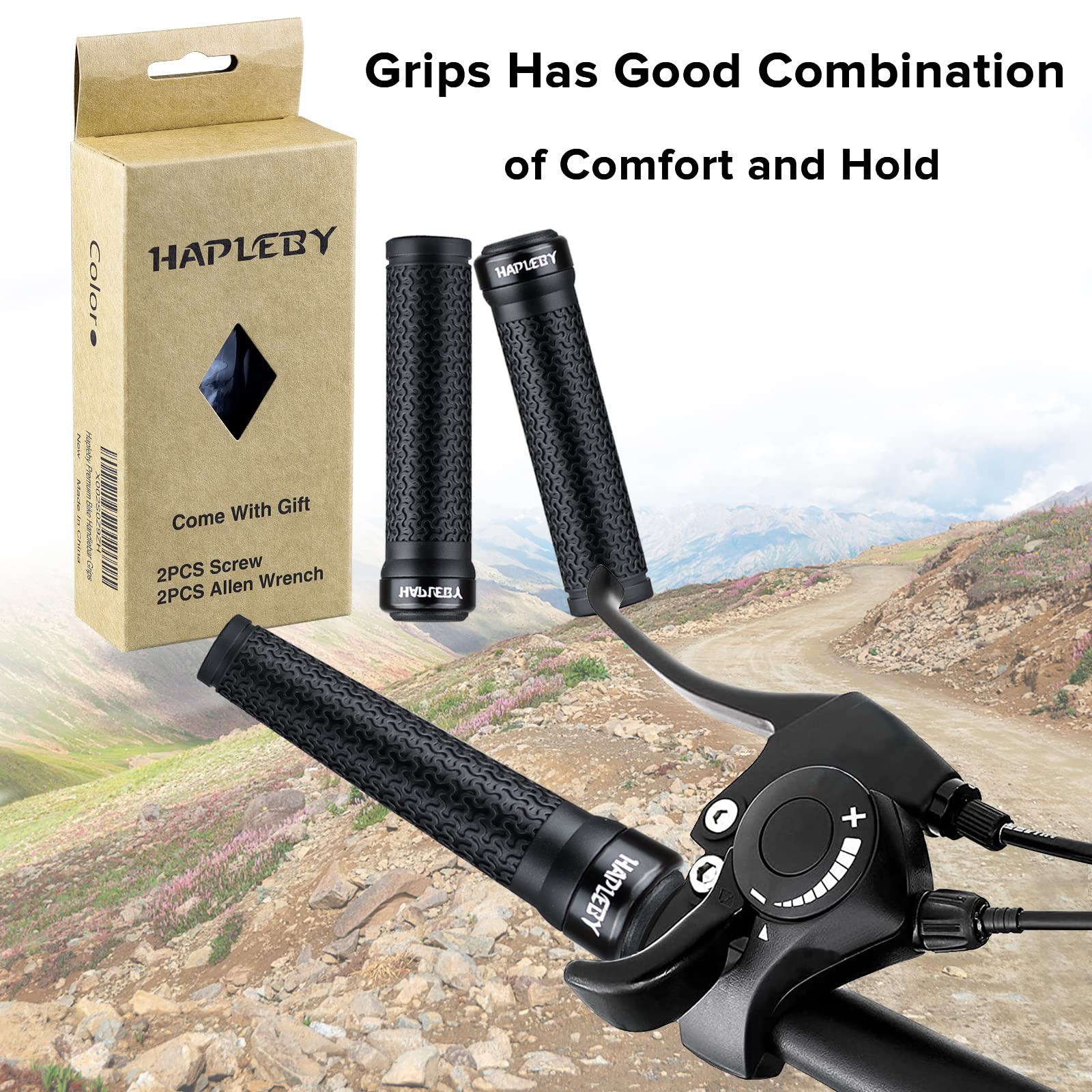 Hapleby Premium Bike Handlebar Grips, Single Lock-on Professional Mountain Bicycle Handlebar Locking Grips with Anti-Slip, 2PCS Screw and 2PCS Allen Wrench for Free 5