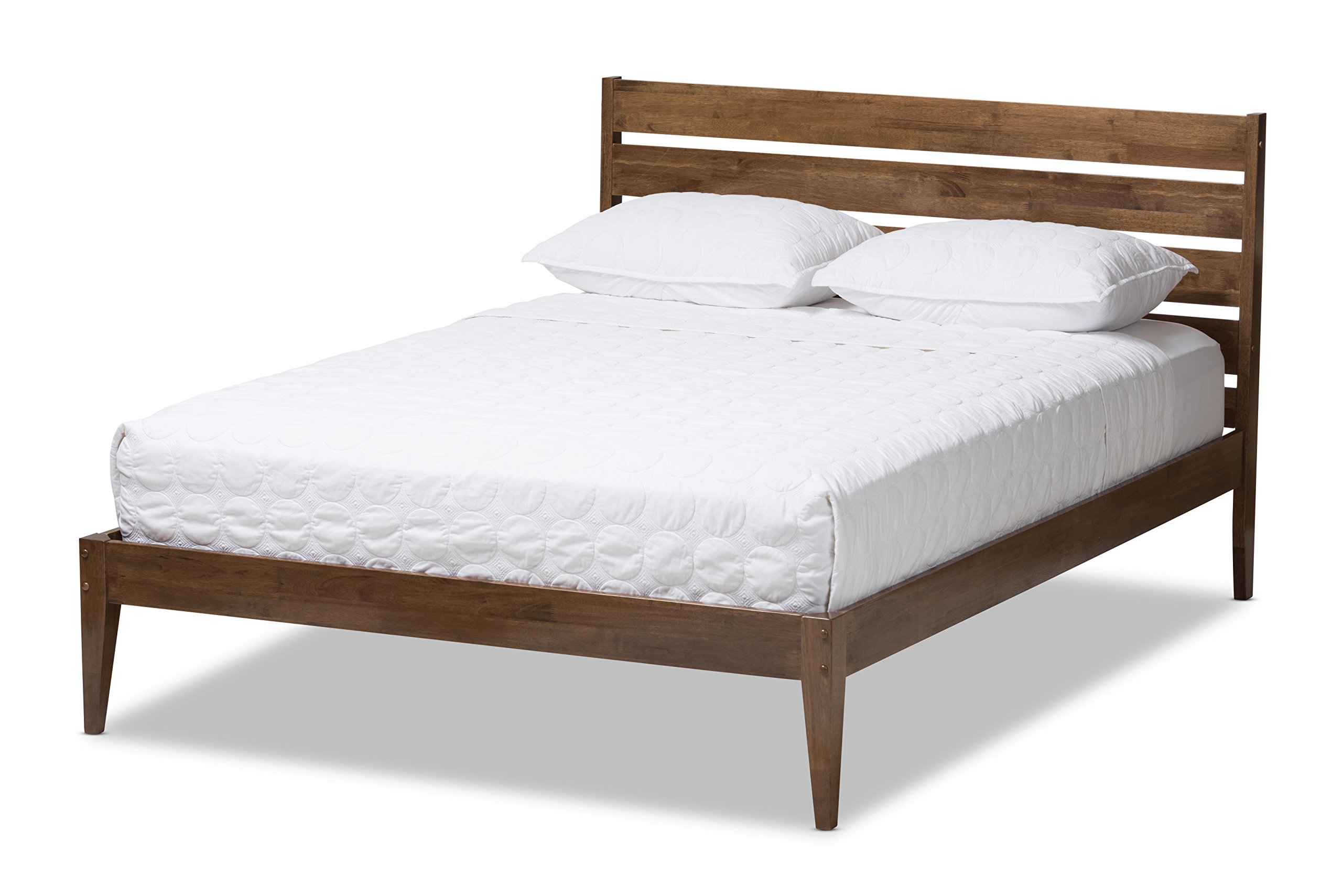Baxton Studio Emmeline Mid-Century Modern Solid Walnut Wood Slatted Headboard Style Platform Bed, Queen, brown