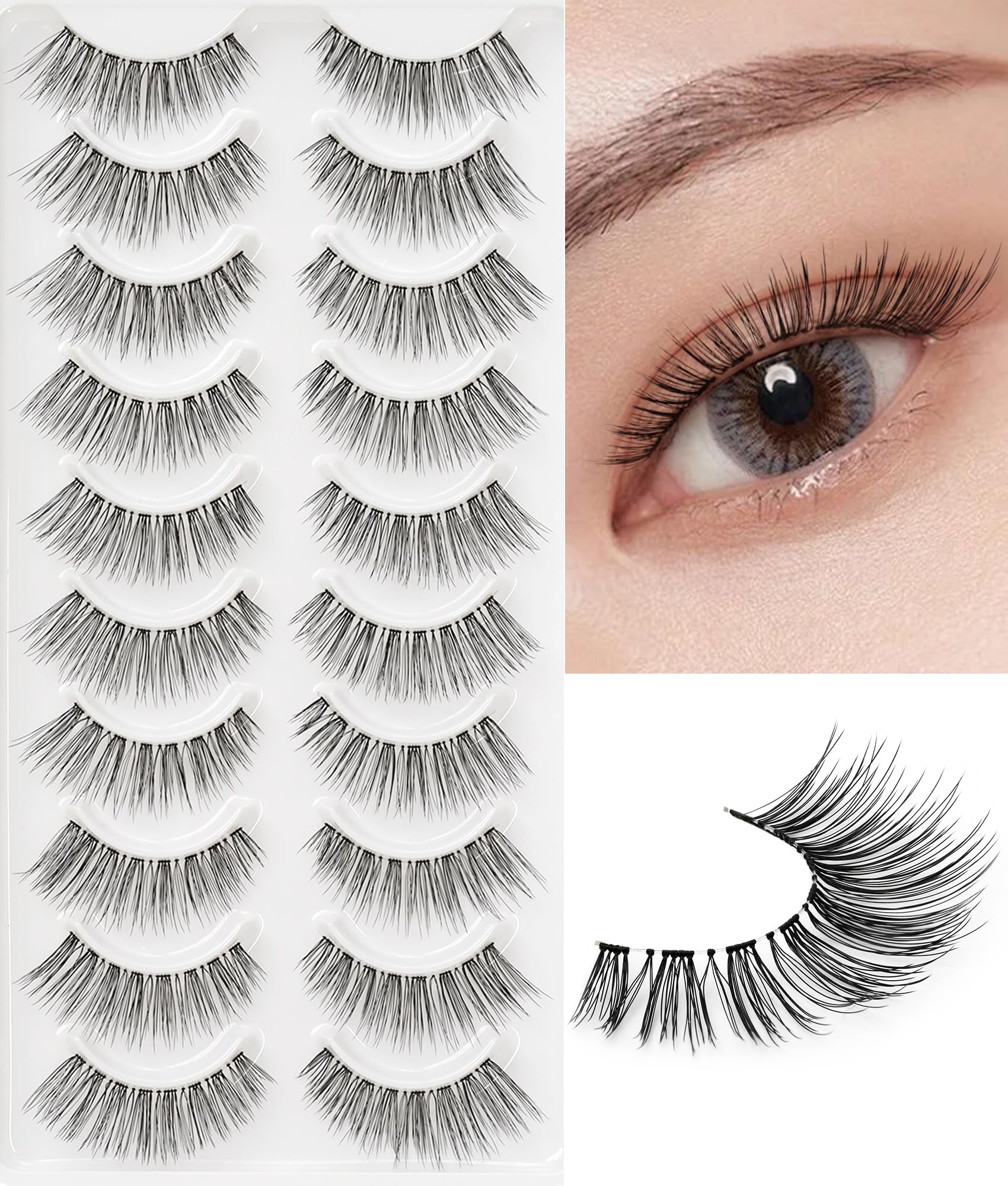 MERETON False Eyelashes Natural Look 10 Pairs False Lashes Strip Natural lashes Invisible Clear Thin Band Lightweight Fluffy Wispy Spiky 3D Volume Eye Lashes 7-12 mm 4