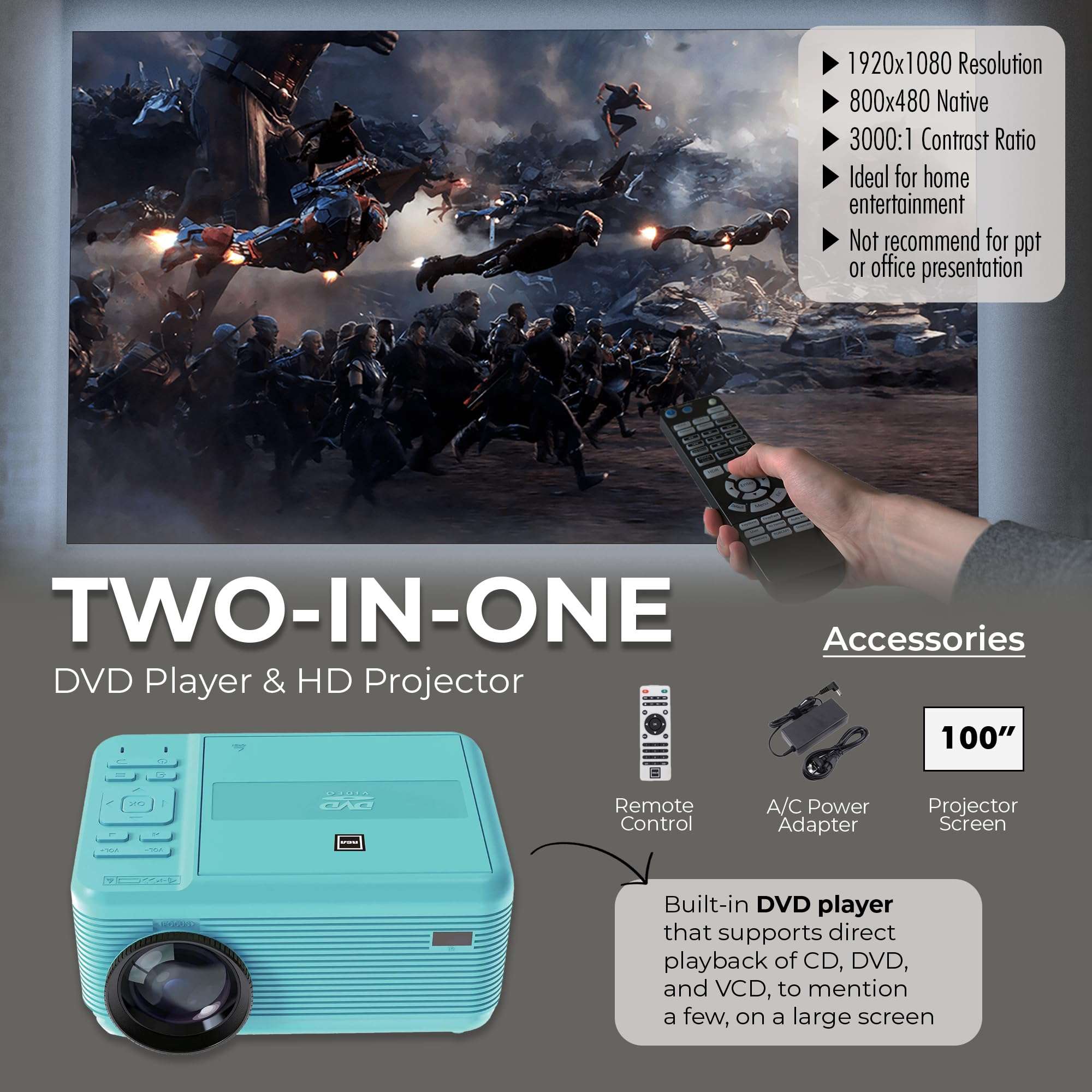 RCA PROJECTOR WITH BUILT-IN INTERNAL DVD PLAYER BLUETOOTH AND SPEAKER - Mini Portable - Indoor/Outdoor Projector and Screen Package - HDMI/AV/VGA/Micro SD Compatible - 1920x1080 Res 2