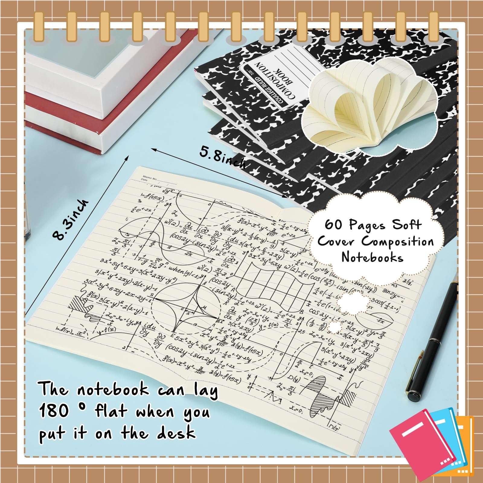 Fainne 12 Pack A5 Composition Notebooks Bulk Wide Ruled Composition Notebook Wide Ruled Notebooks Marble Covers Notebook for Student Classroom Office Supplies(Black) 4