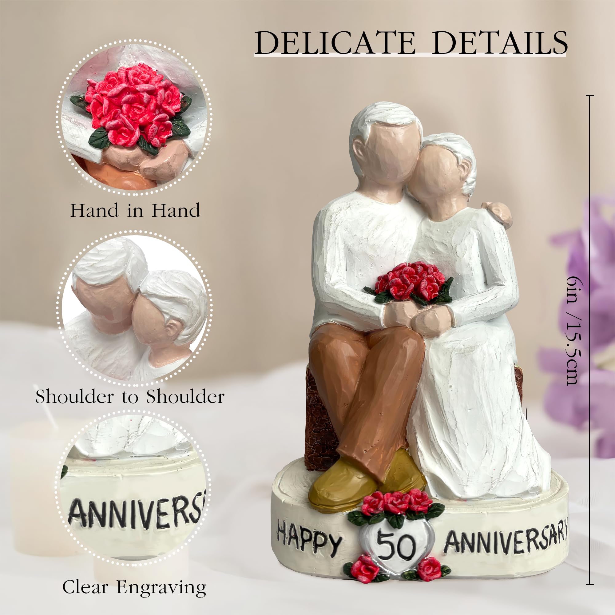 Bozspacer 50th Loving Elderly Couple Figurines, Hand-Painted Resin Statue for Parents or Grandparents, 5.9 Inch Tabletop Decor, for Old Couple or Marriage Anniversary 5