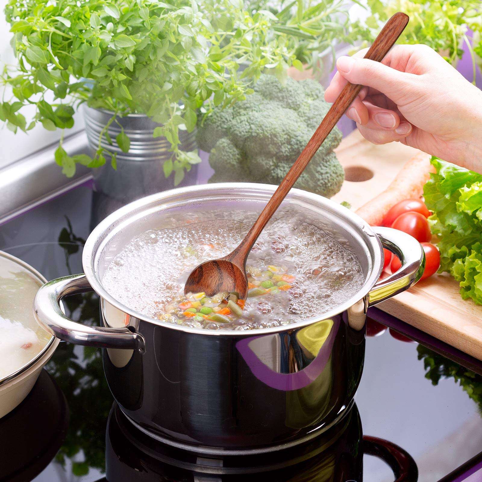 Patelai 6 Pcs 11 Inch Wood Long Spoons Wooden Long Handle Round Scoops Korean Style Soup Spoons for Soup Cooking Mixing Stirring Kitchen Tools Utensils(Brown) 3