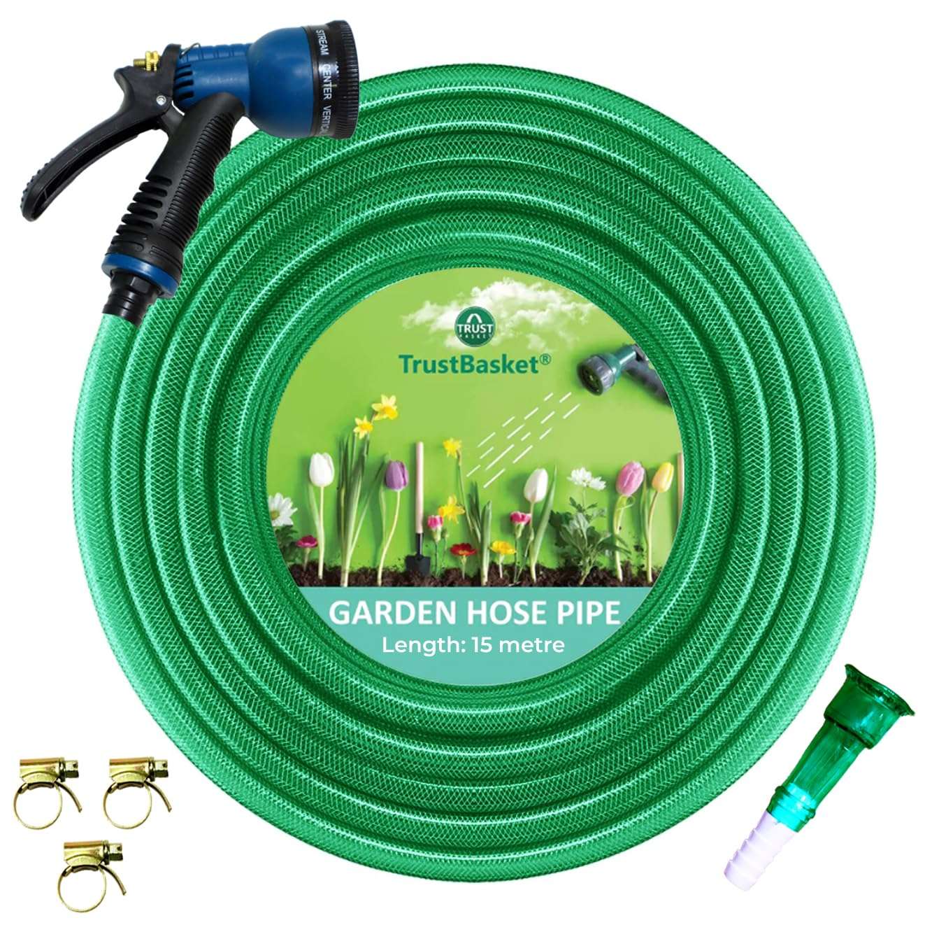TrustBasket Heavy Duty Highly Durable PVC Plain Green Braided Water Hose Pipe (15 Meter) with 7 Pattern Sprayer Gun & 3 Clamps (1/2 inch Pipe) - Easy to Connect for Home Gardening, Lawn, Car Wash 2