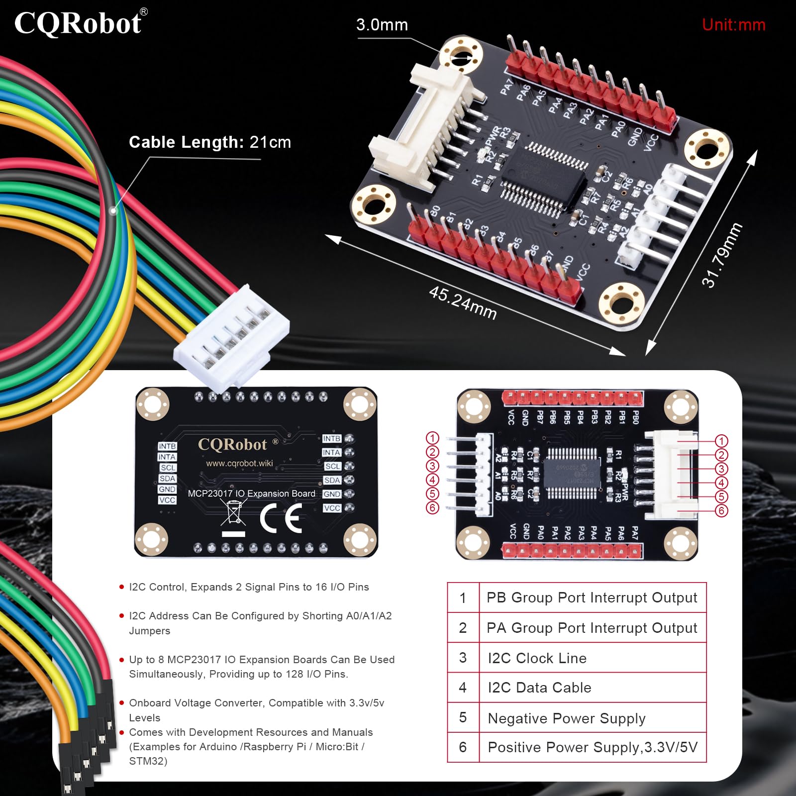 CQRobot MCP23017 IO Expansion Board Compatible with Raspberry Pi/Micro:bit/Arduino/STM32. I2C Interface Control, 2 Signal Pins Increase to 16 Input/Output Pins, Supports UP to 8 Simultaneous Uses. 3