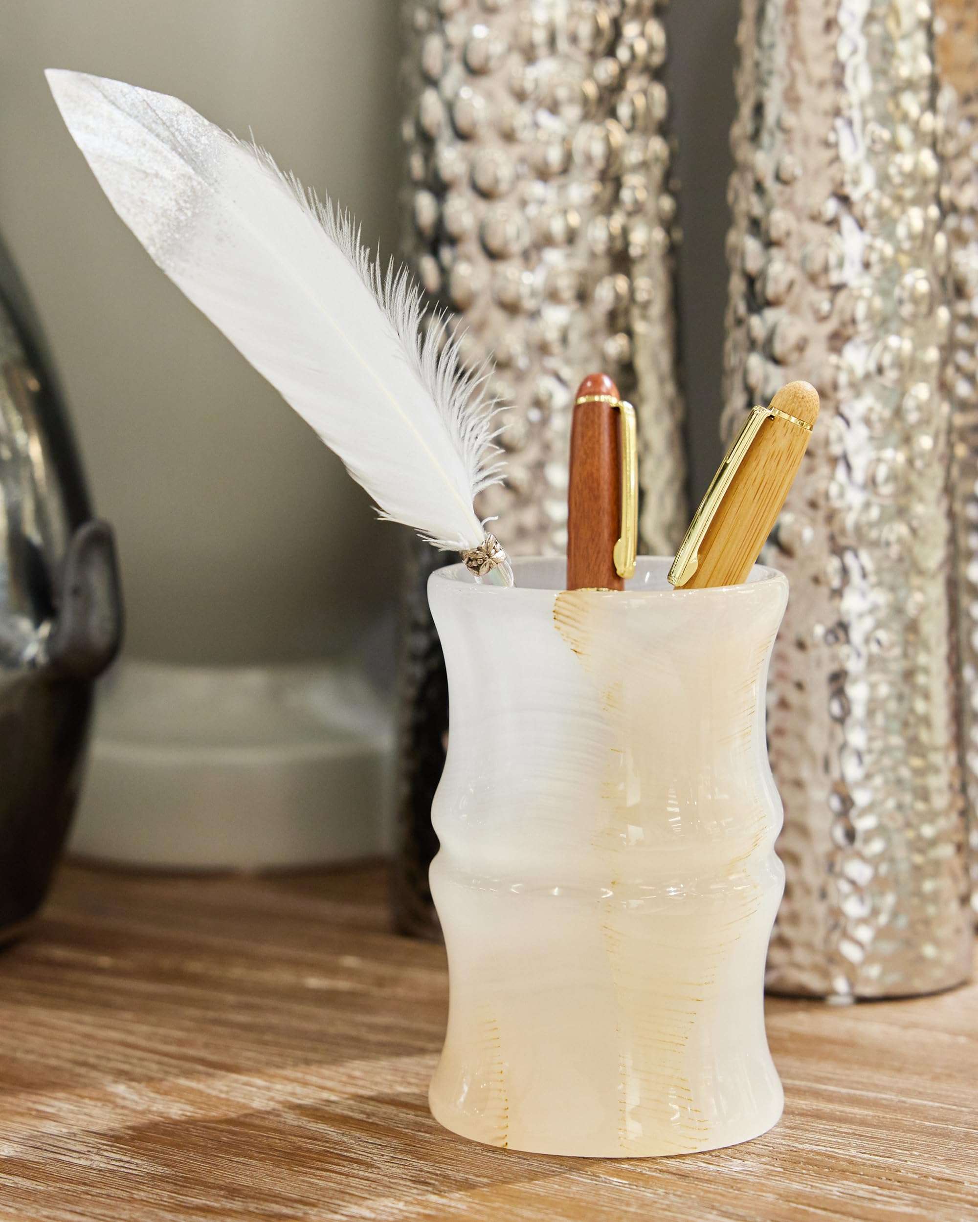 JMOIRE Afghanistan Natural Jade Stone Pen Holder for Desk, Elegant High-End and Unique Gifts, Home Office Desk Decor for Women and Men, Gifts for Seniors, Best Office Gifts Ideas. (Translucent) 1