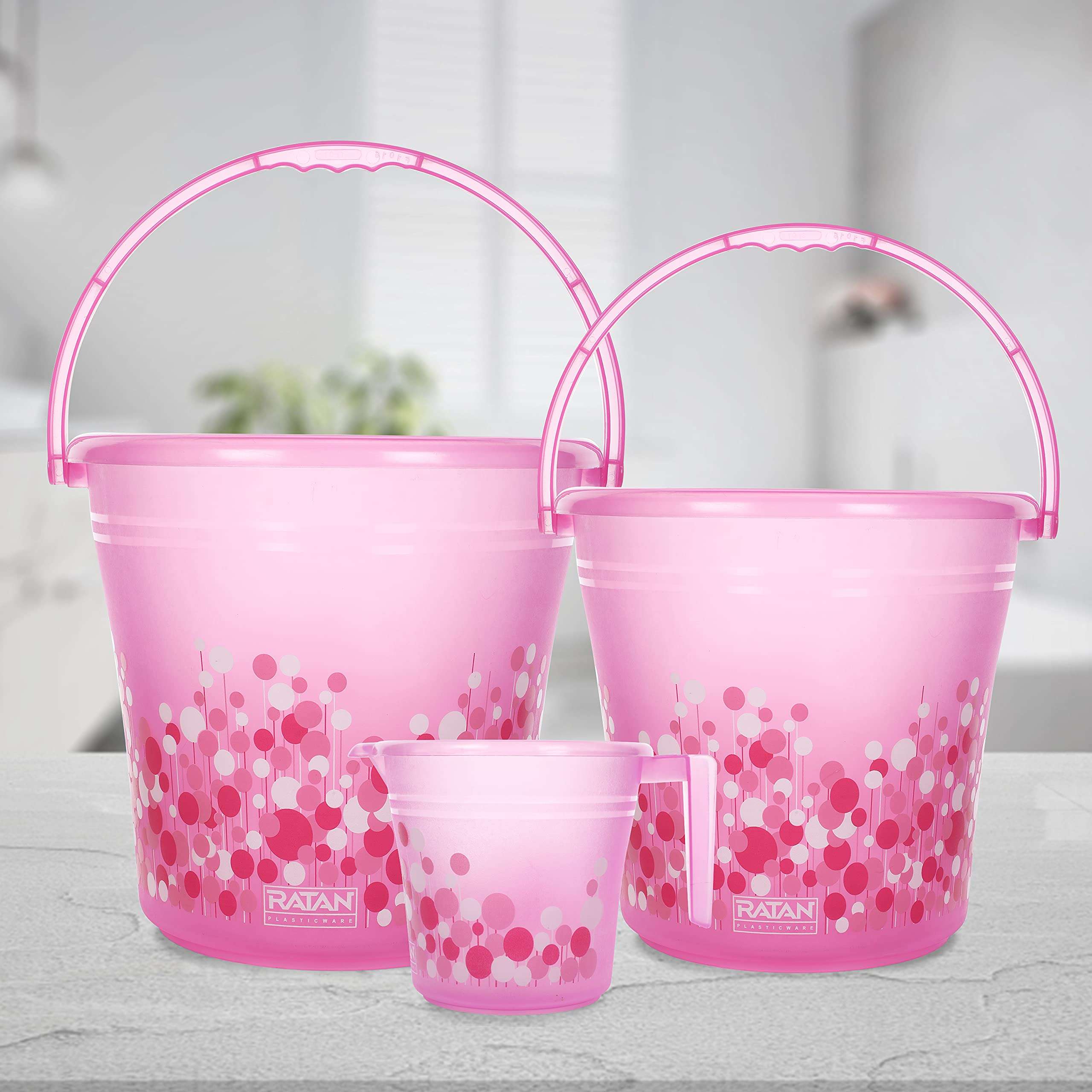 Ratan Plastics 5 Pieces Bathroom Set 1 Frosty Bucket 16L + 1 Frosty Bucket 20L + 1 Frosty Mug 1000ml + 1 Frosty Mug 1500ml + 1 Nova Patla 107 Bubble Print - Pink, Standard (ECCPL980046-001) 3