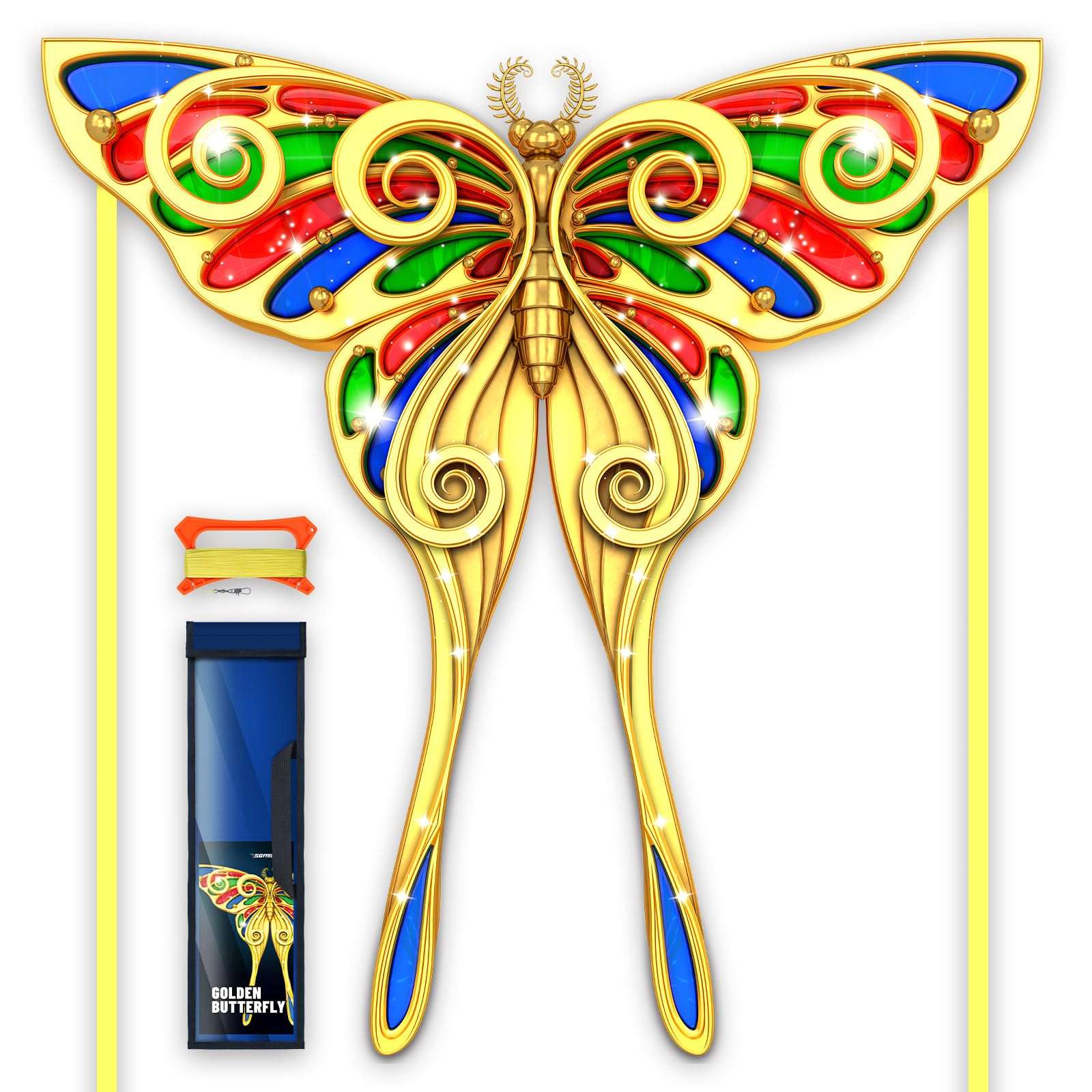 SGftre Golden Butterfly Design Kites ，Outdoor Work Colorful Kite Long Tails，Easy to Fly ，Outdoor Flying Toys for Adult and Kids Surf with Handle 1