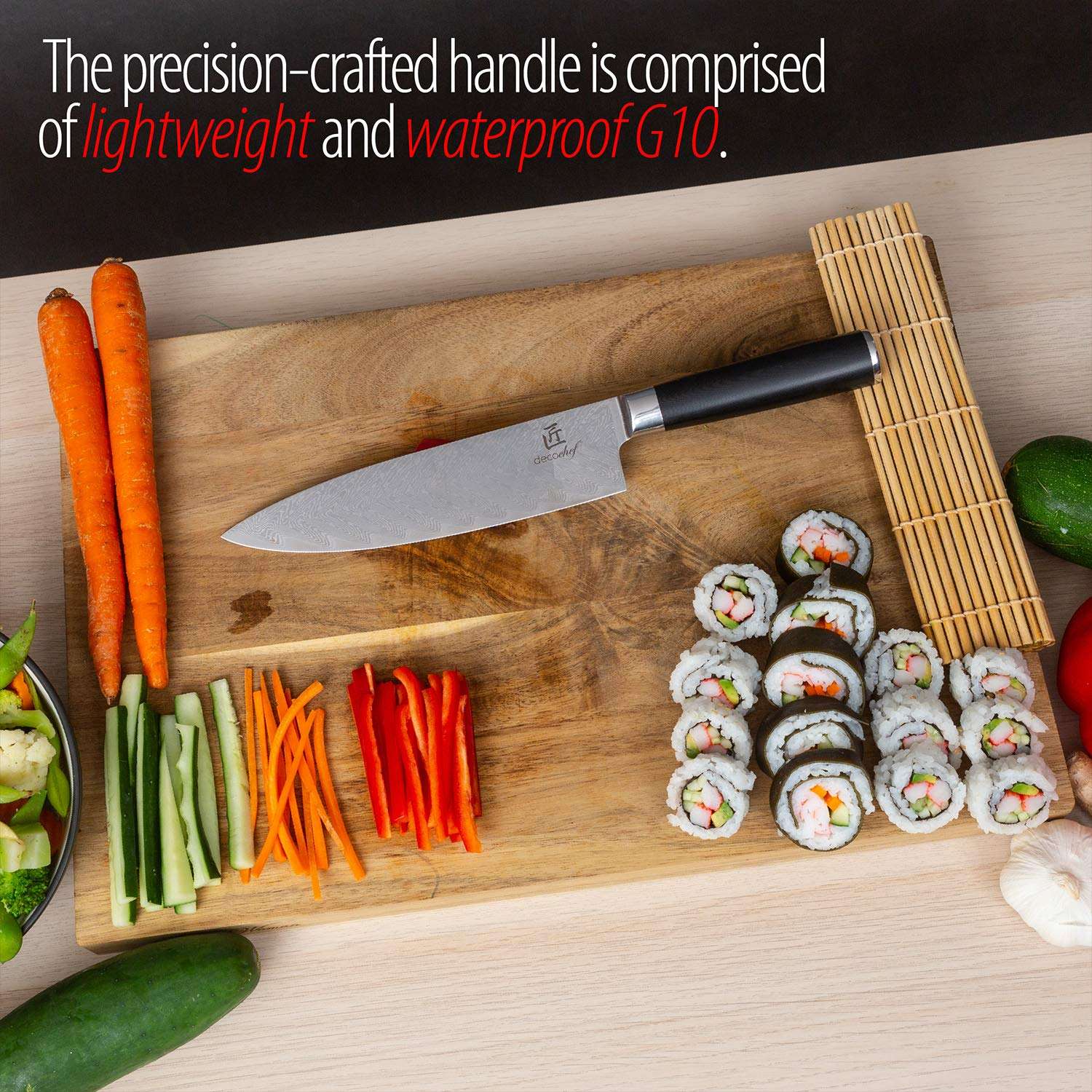 Deco Chef Professional Chef Knife 8-inch Damascus High Carbon Steel - 67 Layers AUS-10 Razor Sharp Japanese Quality with Full Tang Ergonomic Handle, Sharpening Guide Included 6