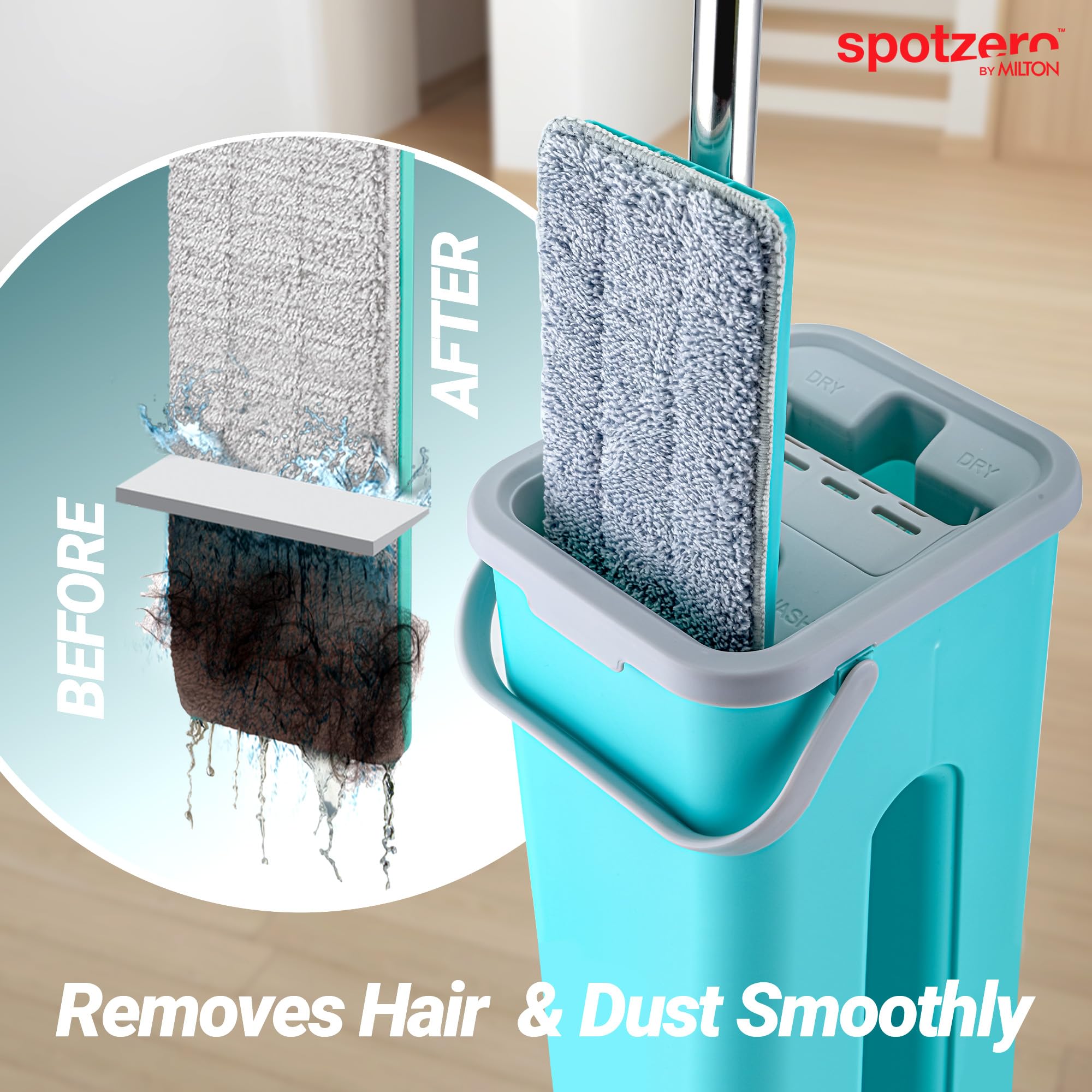 Spotzero By Milton 2-1 Flat Mop I Wash and Dry Chamber I Flexible Head I Premium 4X Absorbent Microfiber Refills I Floor Plus Wall Mop I Long Handle I Compact- Lightweight I 2.8 Litre 6