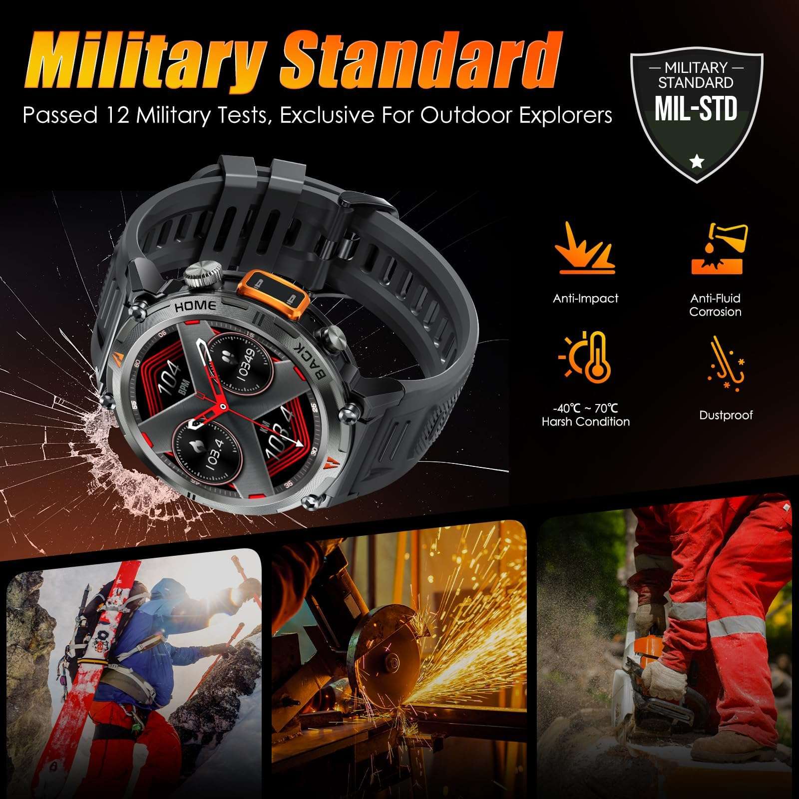 Military Smart Watch for Men 3ATM Waterproof Tactical Rugged Smart Watch with Bluetooth Call Flashlight 1.45" Big Screen Fitness Tracker Heart Rate Sleep Monitor Sports Smartwatch for iPhone Android 5