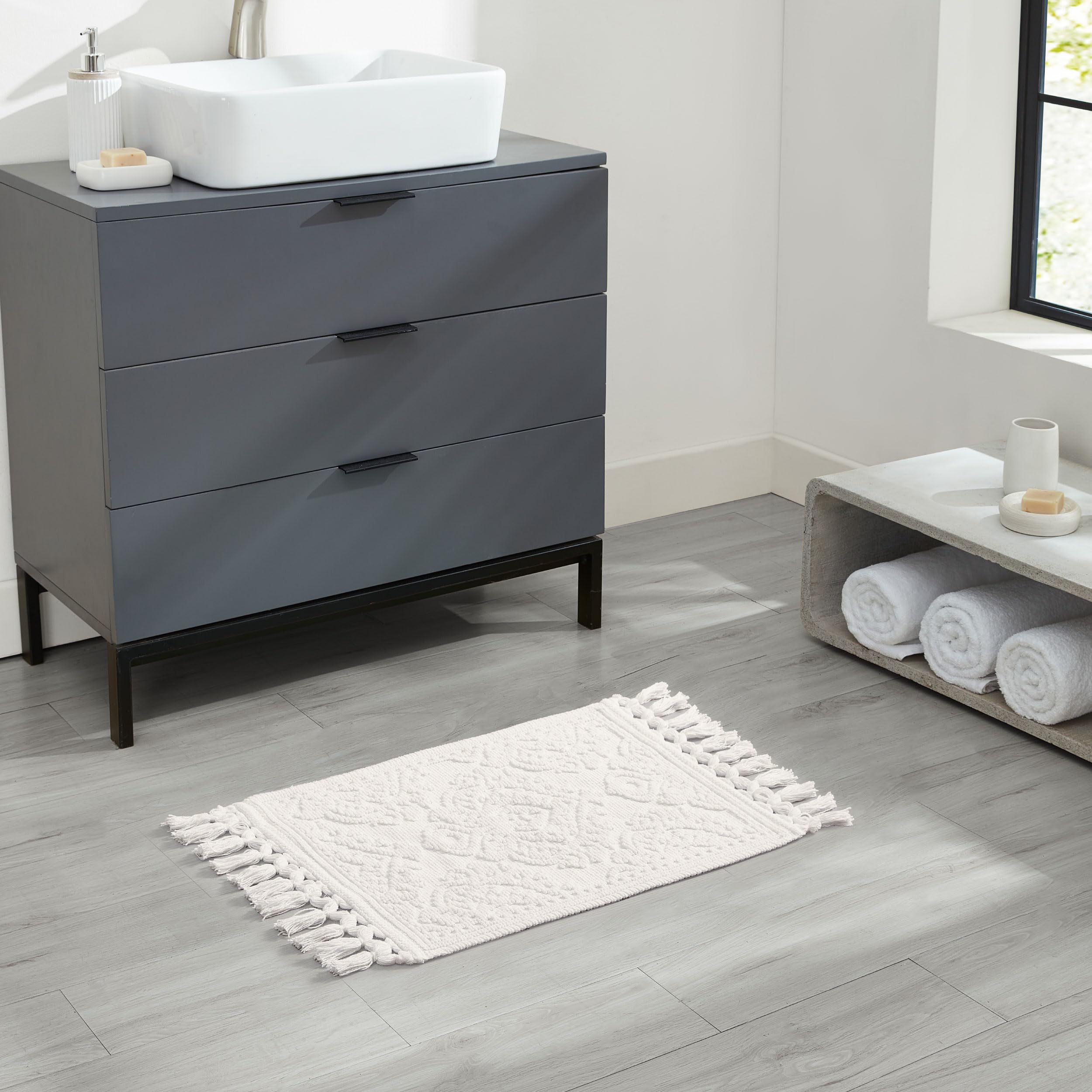 Jean Pierre - Ricardo Bath Mat, Woven Fringe Bathroom Rugs, 100% Cotton, Premium Bathroom Decor - Measures 17" x 31" - Ivory 6