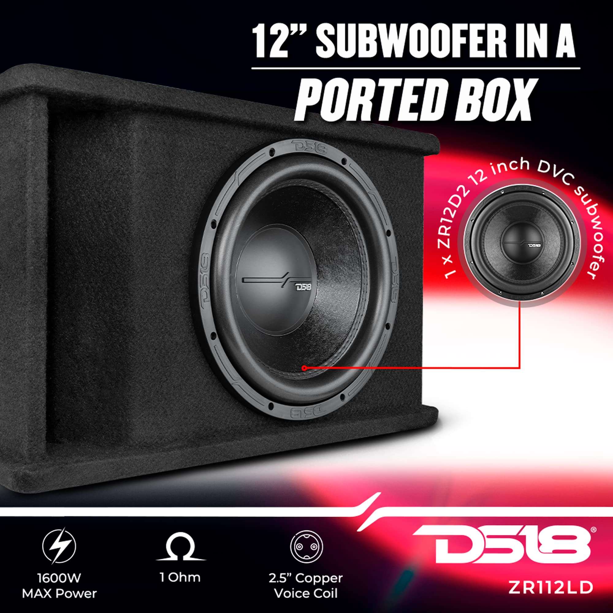 DS18 ZR112LD 12" Single Subwoofer Loaded Enclosure Best Sub Bass Package in a Ported Box 1600 Watts 3