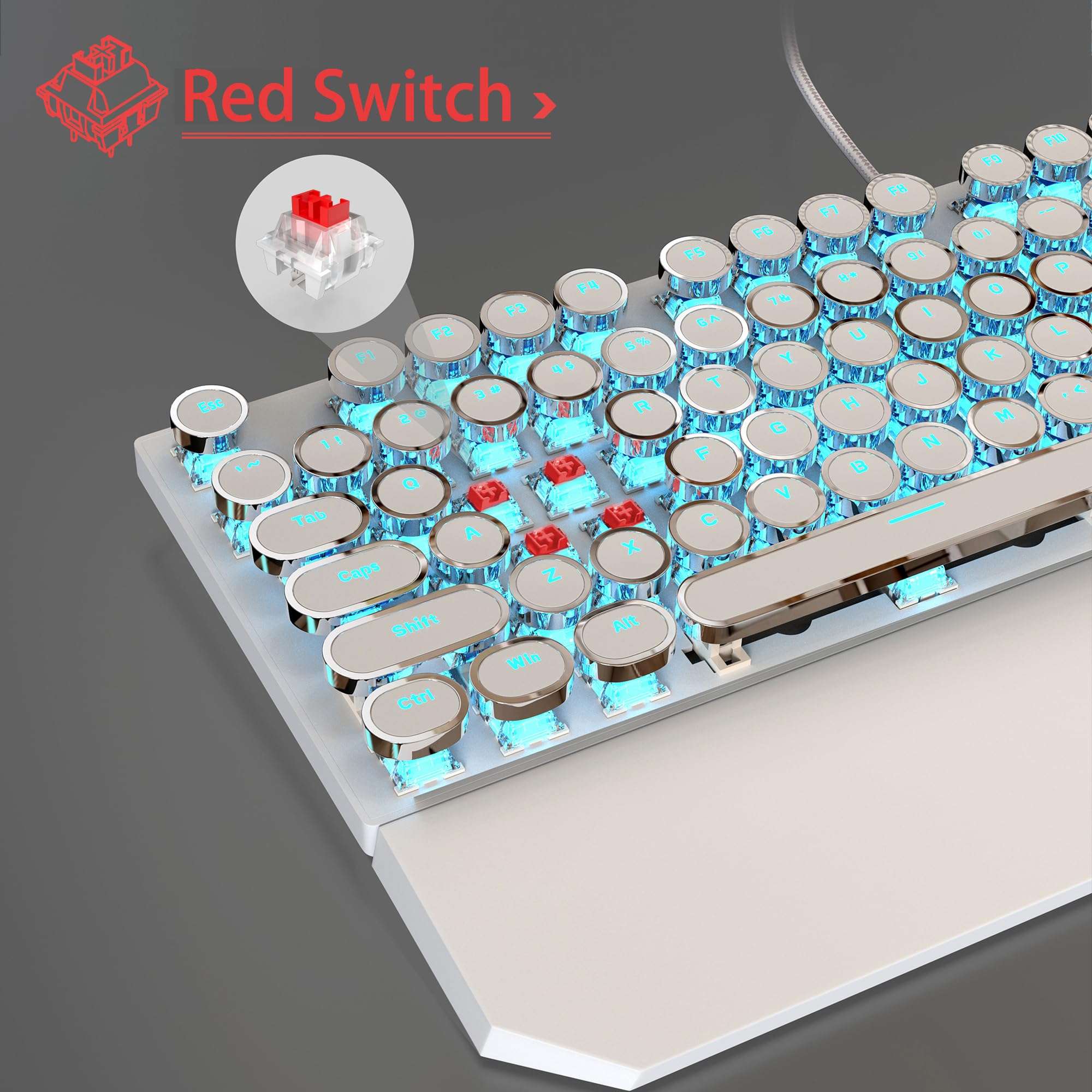 Typewriter Mechanical Gaming Keyboard and Mouse Combo, Retro Punk Round Keycaps RGB Rainbow Backlit Wired Keyboard for Game and Office, for Windows Laptop PC, Red Switches(White) 5