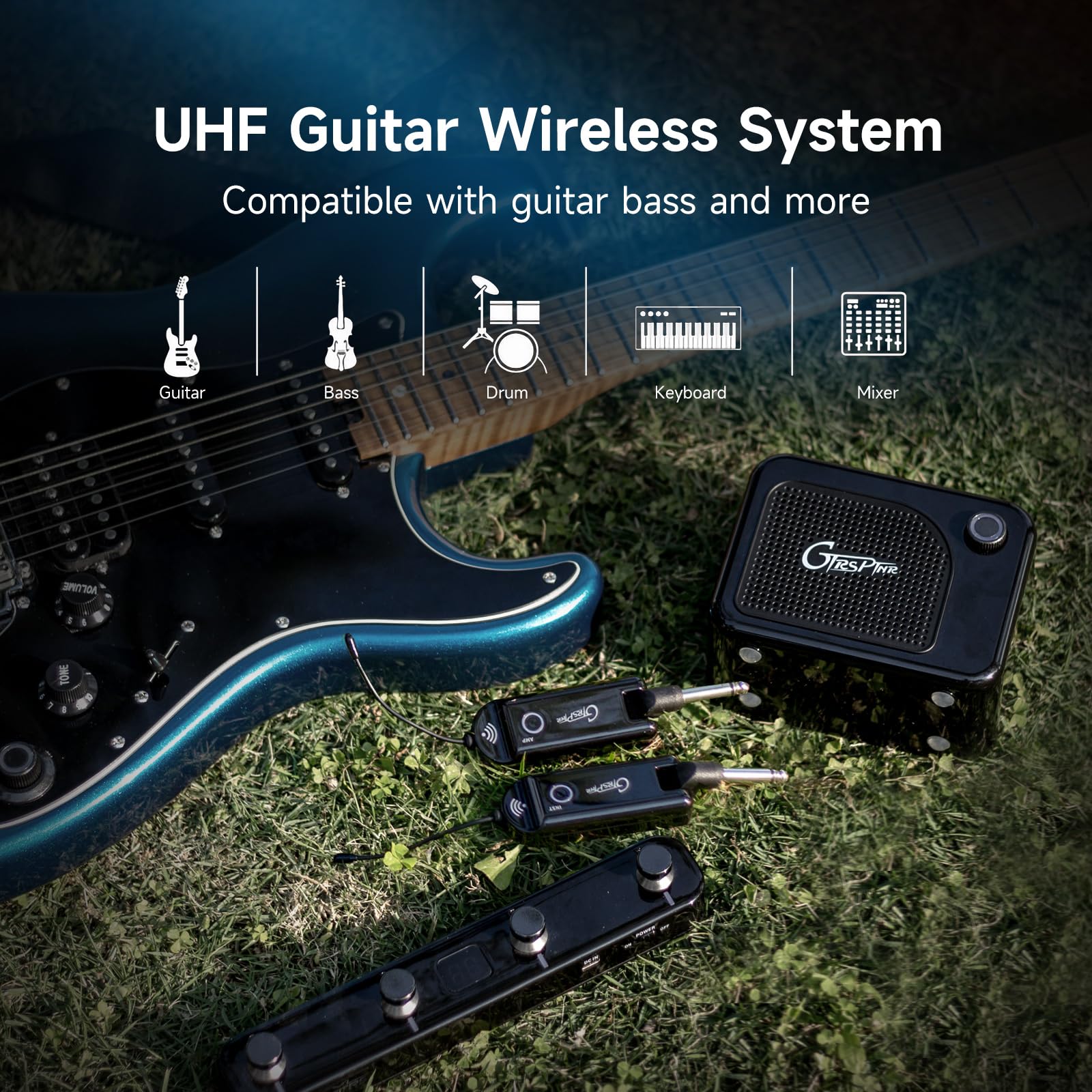 GTRS GWU4 UHF Wireless Guitar System 4 Signal Channels Rechargeable Transmitter and Receiver, Auto Match, Low Latency, 100 Feet Range, Stable Connection for Electric Guitars Bass and More (Black) 6