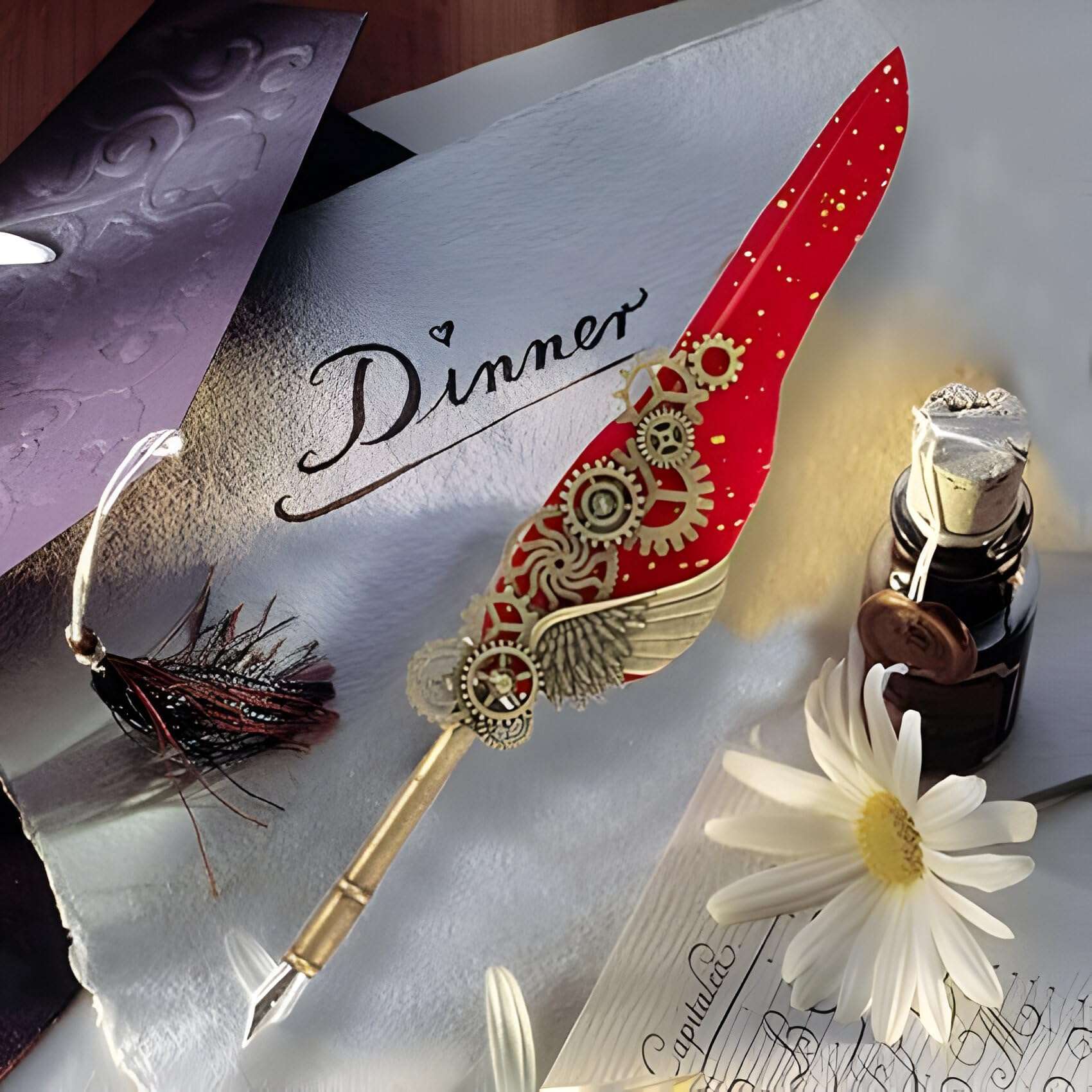 VINTAGER Antique Calligraphy Pen With Ink, 5 Nibs, Pen Stand Base, Vintage Carving Feather Pen Set, Refillable Ink Dip Pens For Writing, Drawing, Signature, Decoration (Multicolor) 4