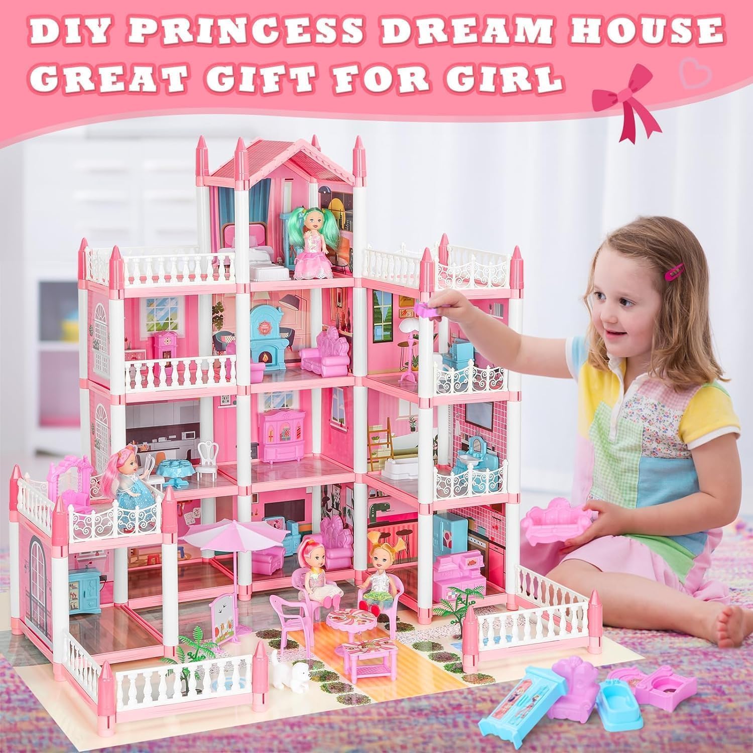 JETRA Dollhouse Villa Toys, Playset with LED Lights, Movable Slides, Stairs, Furniture, Accessories, Dolls and Pets, Cottage Pretend Play House, DIY Creative Gift for Girls Toddlers 5