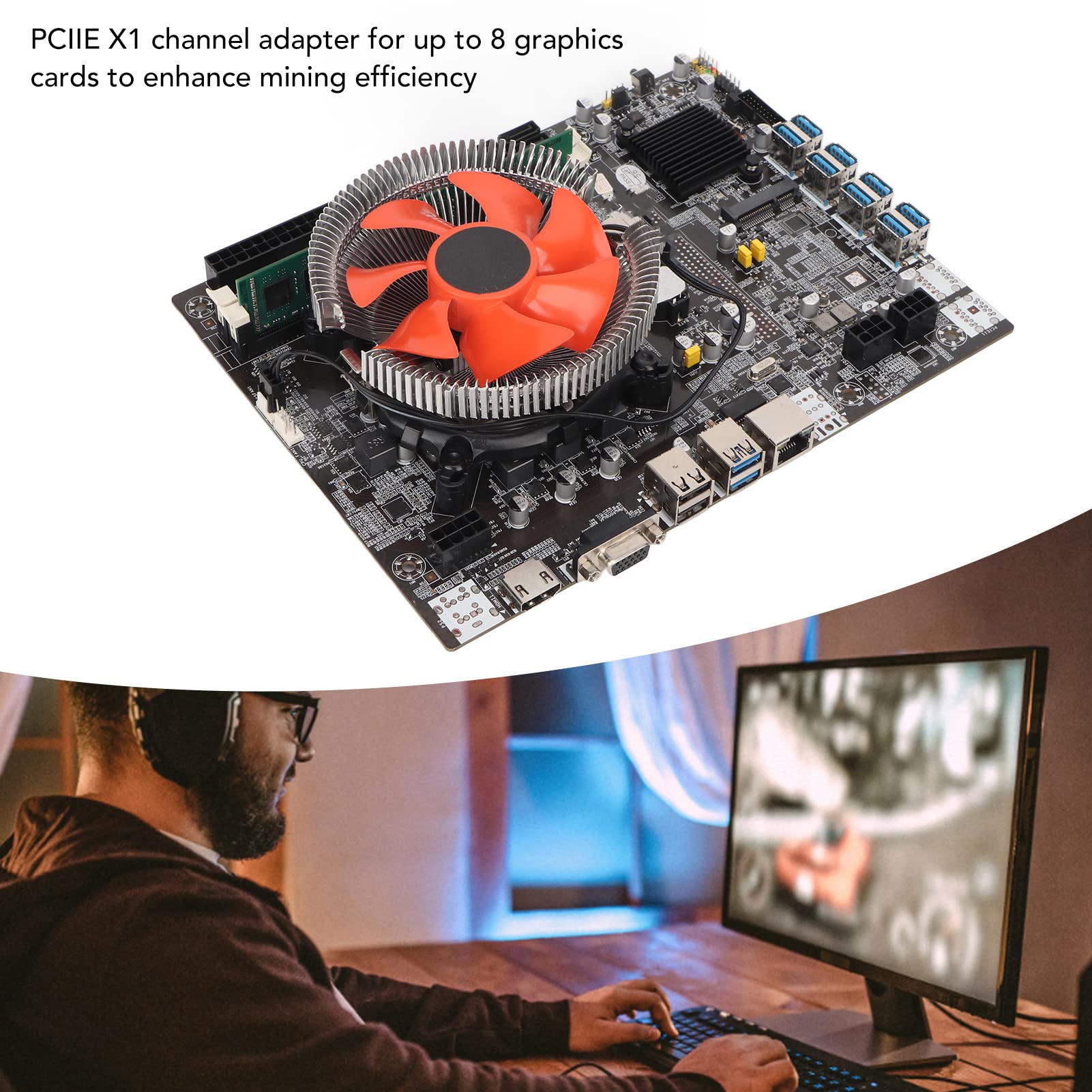 Mining Motherboard, Dual Output DDR3 Motherboard with Cooling Fan, GPU Mining Motherboard Model, 8 USB3.0, PCIIE X1 Channel Adapter 3