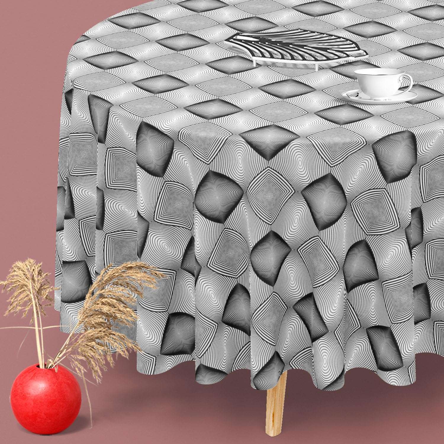 ArtzFolio Monochrome Squares | Table Cloth Cover for Dining & Center Table | Cotton Canvas Fabric | 4-Seater Table; 42 inch (107 cms) Diameter 3