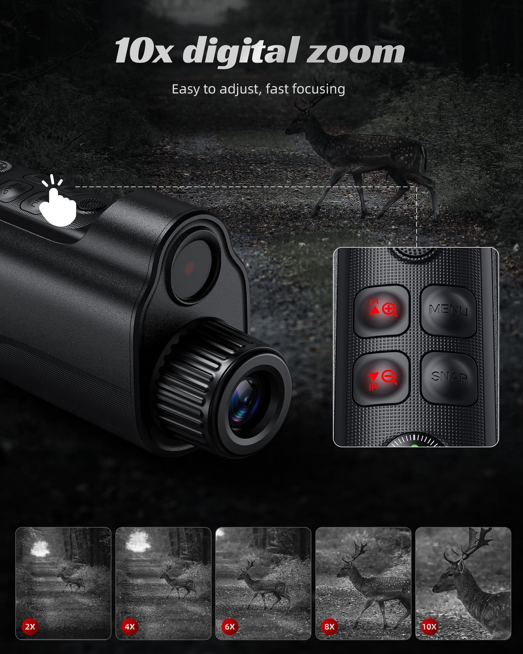Night Vision Monocular, 2624FT-10X Digital Zoom, 2'' HD Screen Infrared Binoculars with Compass 64GB TF Card for Photos and Videos, Perfect for Adults Outdoor Camping and Wildlife Observation 6