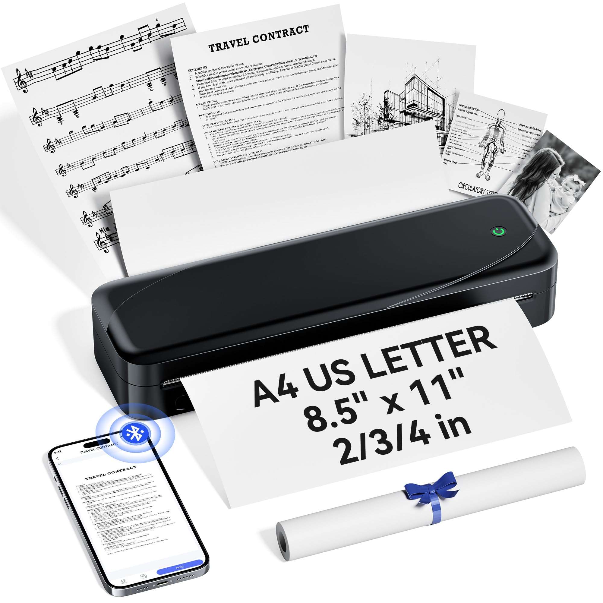 NelkoGlobal Portable Wireless Thermal Printer for Travel - Bluetooth Compatible with iOS, Android & Laptops - Supports 8.5" x 11" US Letter & A4 Paper (Black) 1