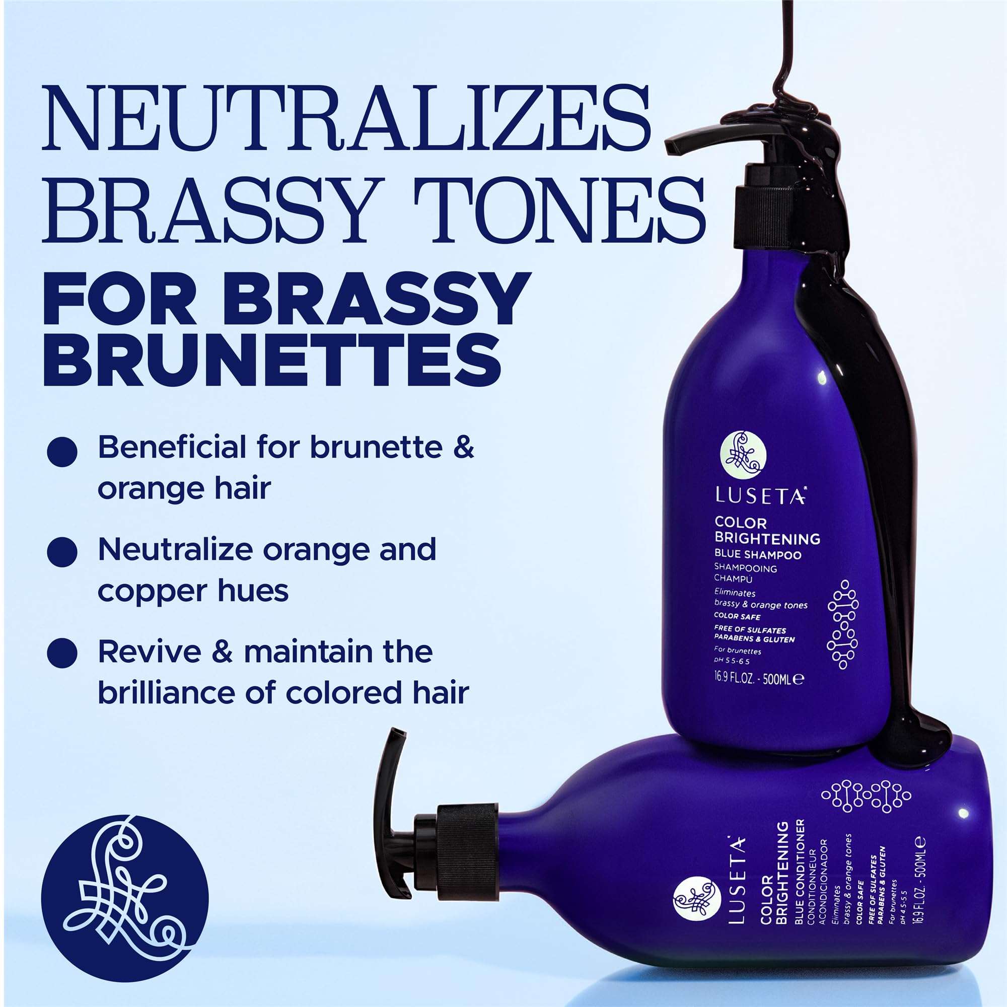 Luseta Blue Shampoo & Conditioner Set - Color Brightening for Brassy and Brunette Treated Hair, Revive Cool Tones, 2x 16.9oz 5