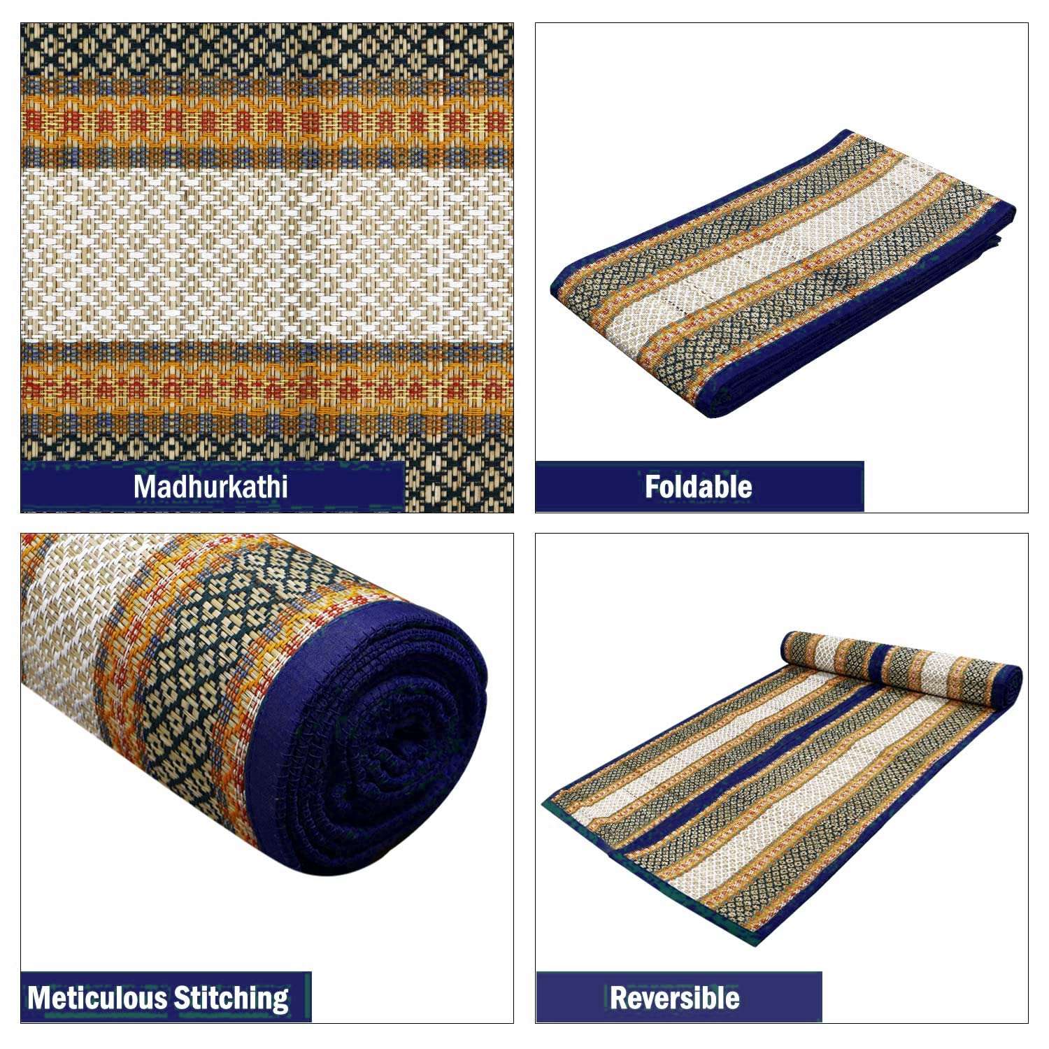 HALLUCINATION Chatai Mats for Home Sleeping on Floor Single Double King Queen Size Natural Dried Korai Pai Grass Made Yoga Mat (Blue-White, Single (3ft X 6ft)) 2