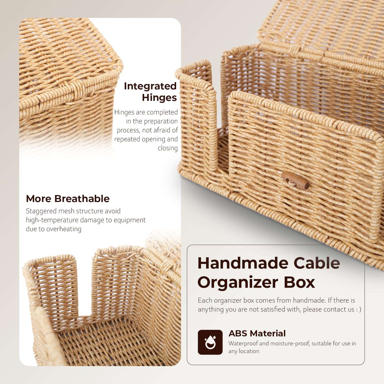 Limogoo Cable Management Box, 4 Open Slots Cords Hider with Lid and Fixable Strap, Imitation Rattan Organizer for TV Wires, Computer Router, USB Hub, Power Strip 5