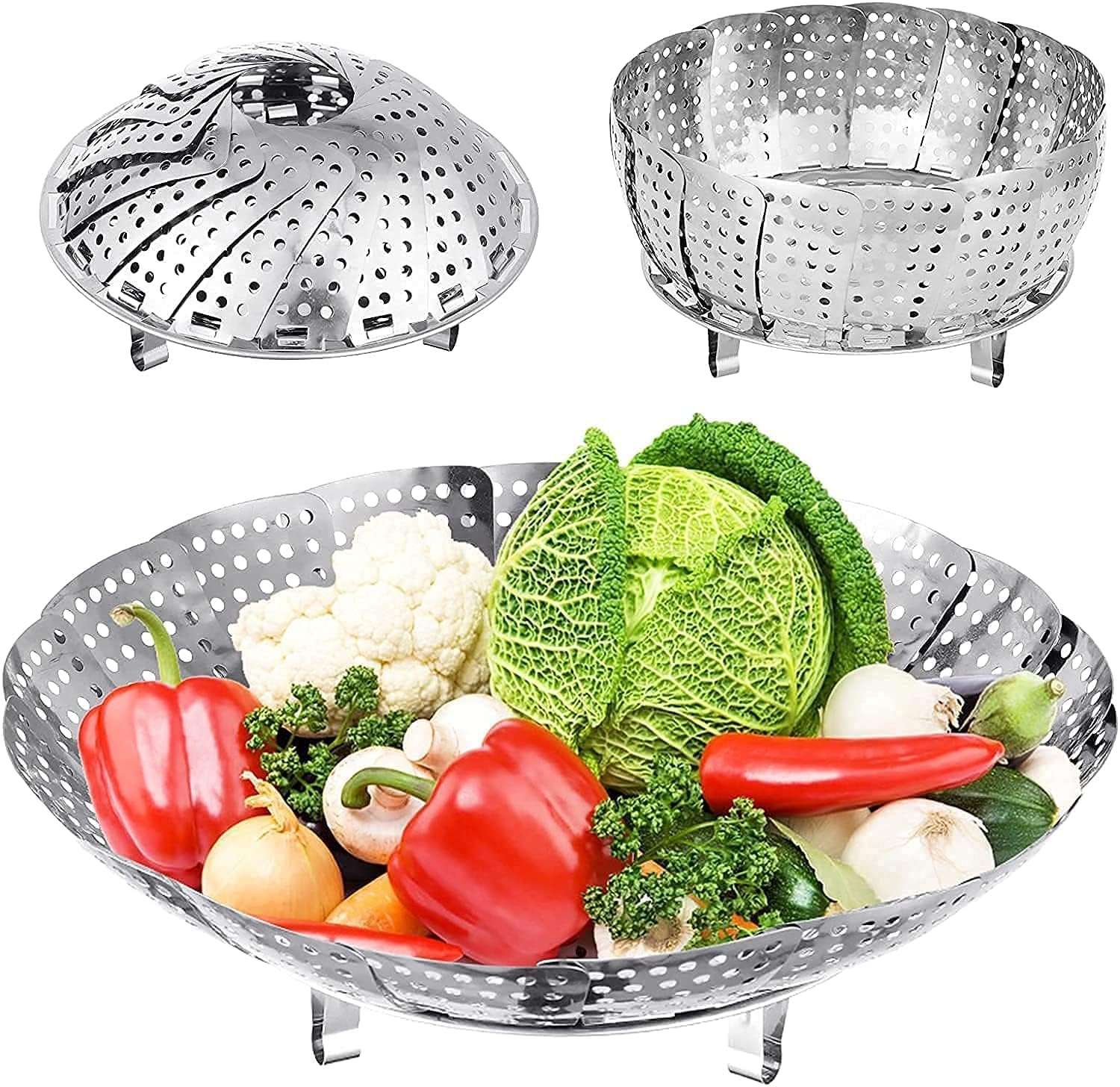 Gikzol Vegetable Steamer Basket, Premium Stainless Steel Veggie Steamer Basket - Folding Expandable Steamers to Fits Various Size Pot (Silver) 1