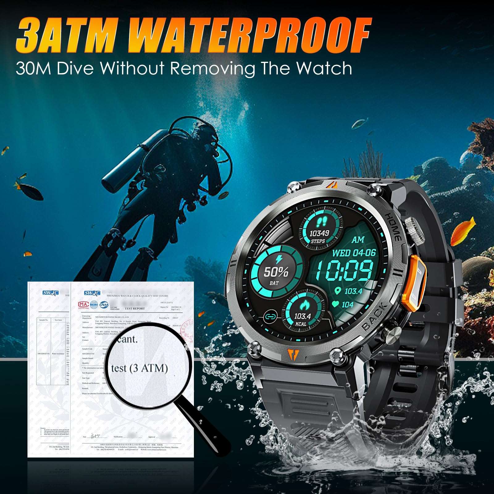 Military Smart Watch for Men 3ATM Waterproof Tactical Rugged Smart Watch with Bluetooth Call Flashlight 1.45" Big Screen Fitness Tracker Heart Rate Sleep Monitor Sports Smartwatch for iPhone Android 2