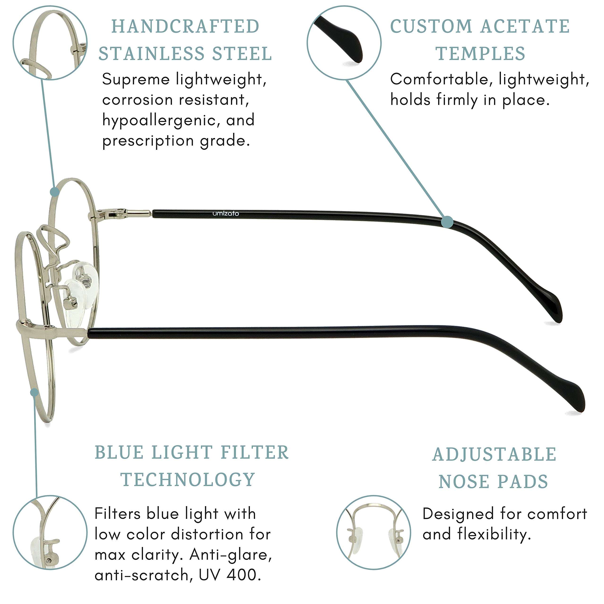 Umizato Classic Stainless Steel Round Blue Light Glasses - Flexible Corrosion Resistance, Blue Blockers Glasses, Circle Wire Womens and Mens Blue Light Glasses Metal Frame (SUMI in Antique Silver) 3