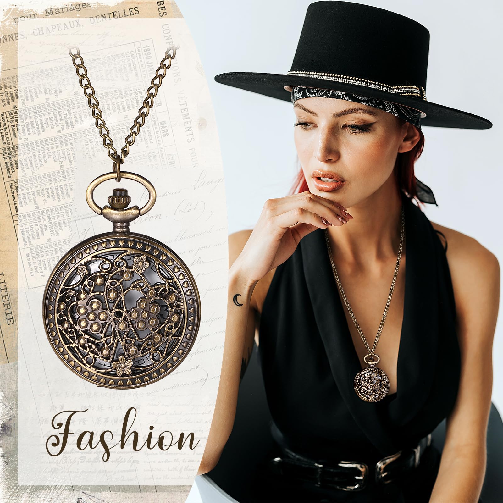Lancardo Women Vintage Pocket Watch: Bronze Tone Hollow Case Flower Pedant Necklace Watch Sweater Chain Valentine's Day Christmas Birthday 6