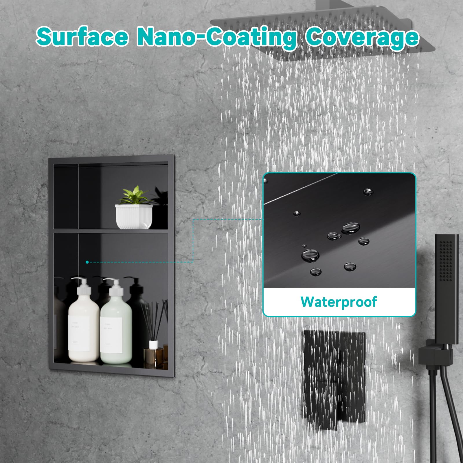 TSIBOMU 12" x 18" Stainless Steel Shower Niche – Recessed 2-Tier Shower Shelf, 12"x12" Upper & 12"x6" Lower Storage, Modern Bathroom Wall Niche (Black) 6