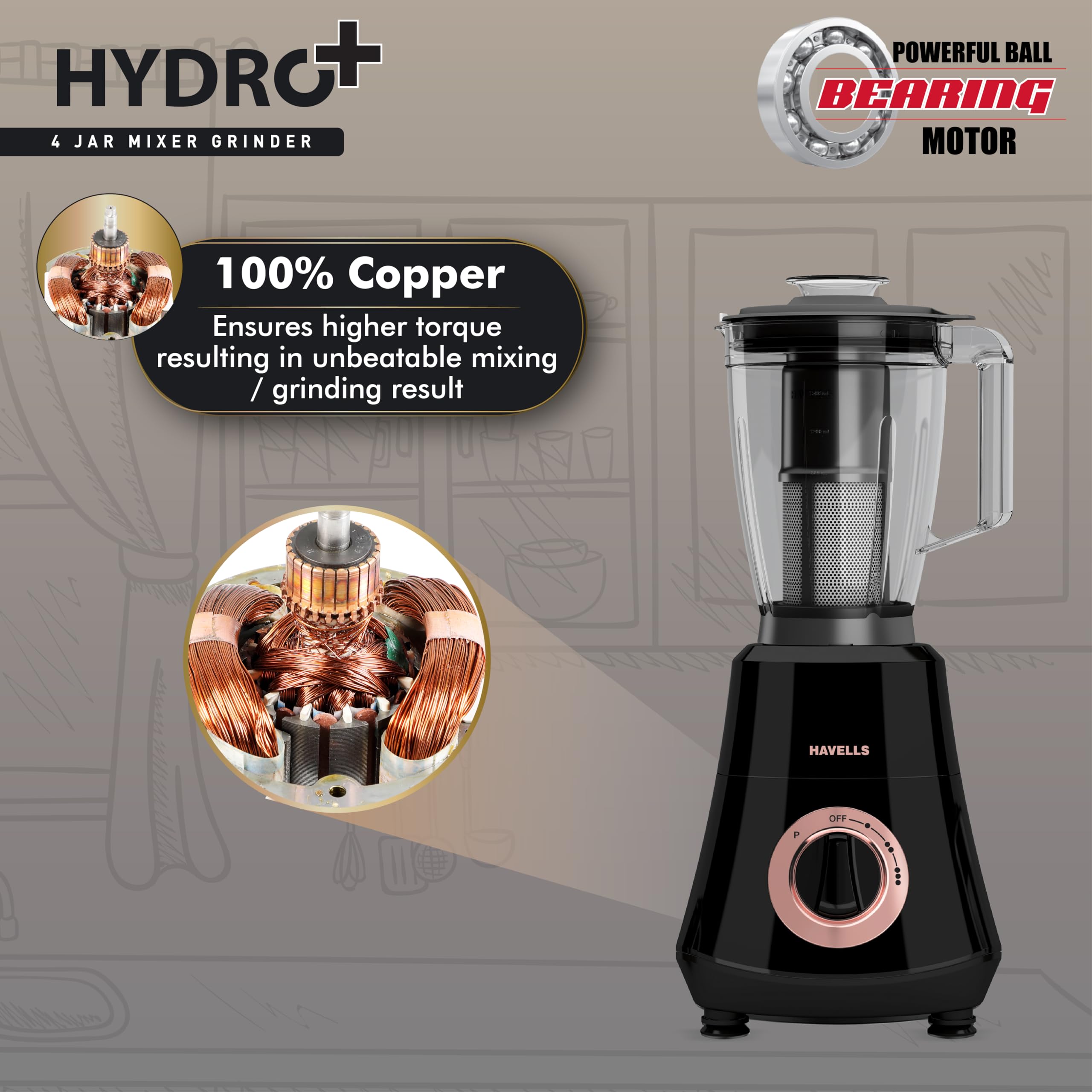 Havells Hydro Plus 1000 watt 4 Jar Mixer Grinder with Ball Bearing Motor, 22000 RPM, Wider mouth Stainless Steel Jar, Hands Free operation, SS-304 Grade Blade & 2 Yr Manufacturer Warranty 6
