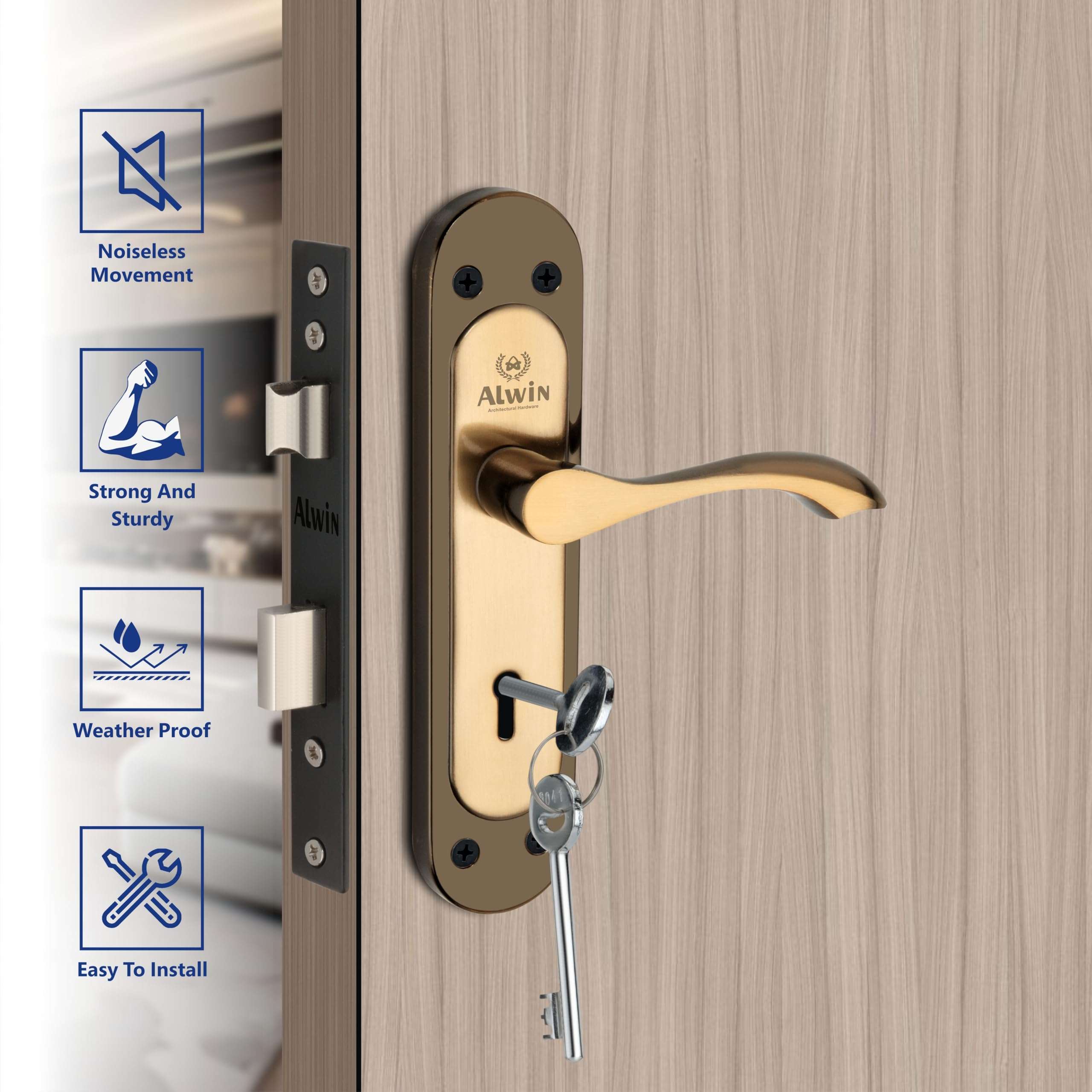 Alwin Royal Oval BG, 8'' Iron Mortise Lockset, 6-Lever, 2 Turn Locking Suitable for Left & Right Handed Maindoor, Bedroom, Living Hall Door in Home, Offices & Hospitals(Black & Gold) 6