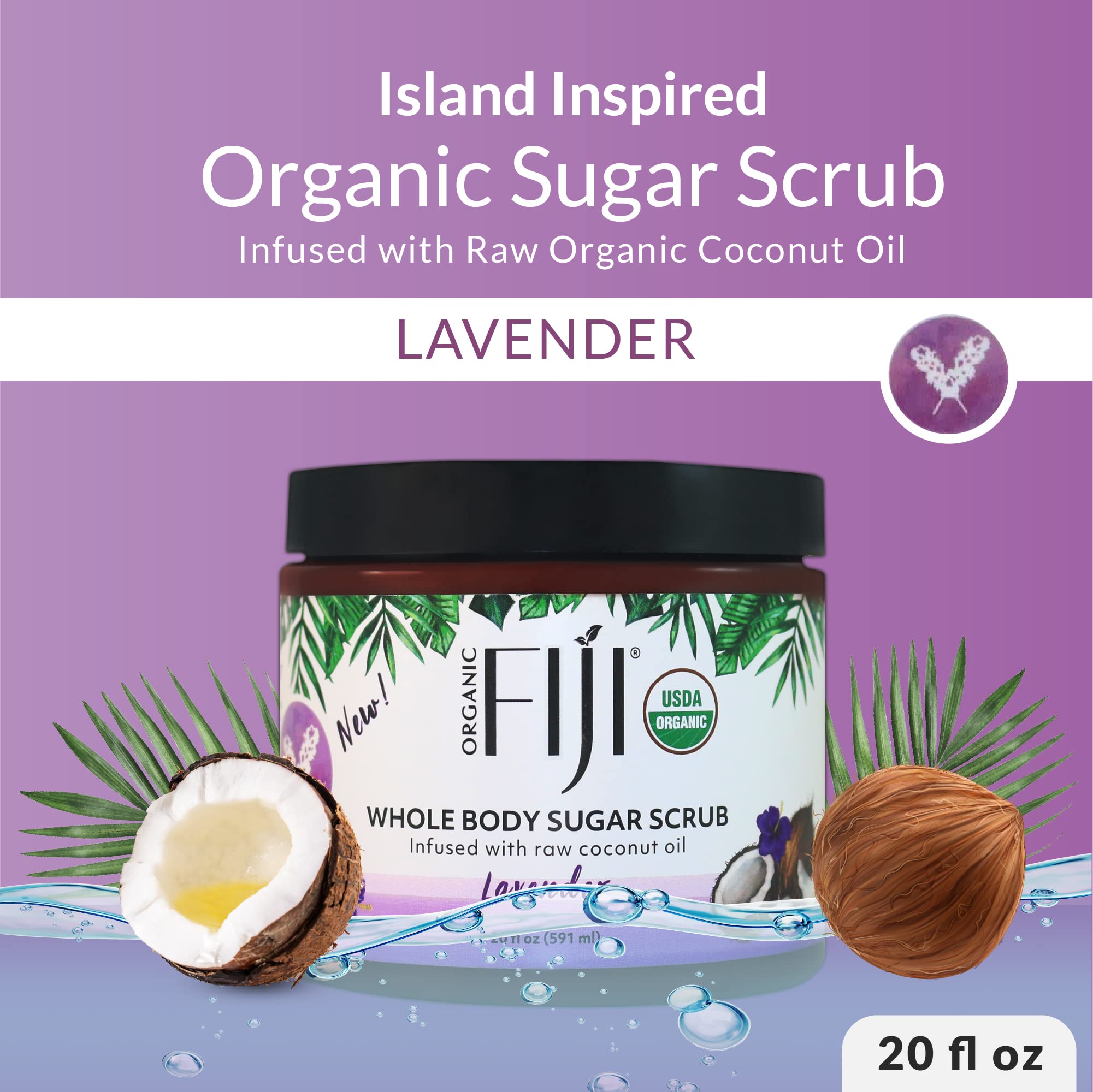 Organic Fiji Whole Body Scrub - Infused with Coconut Oil, Exfoliating Sugar Scrub for Smooth and Soft Skin, Exfoliates & Restores Skin's Natural Biosphere, Lavender 20 oz 5