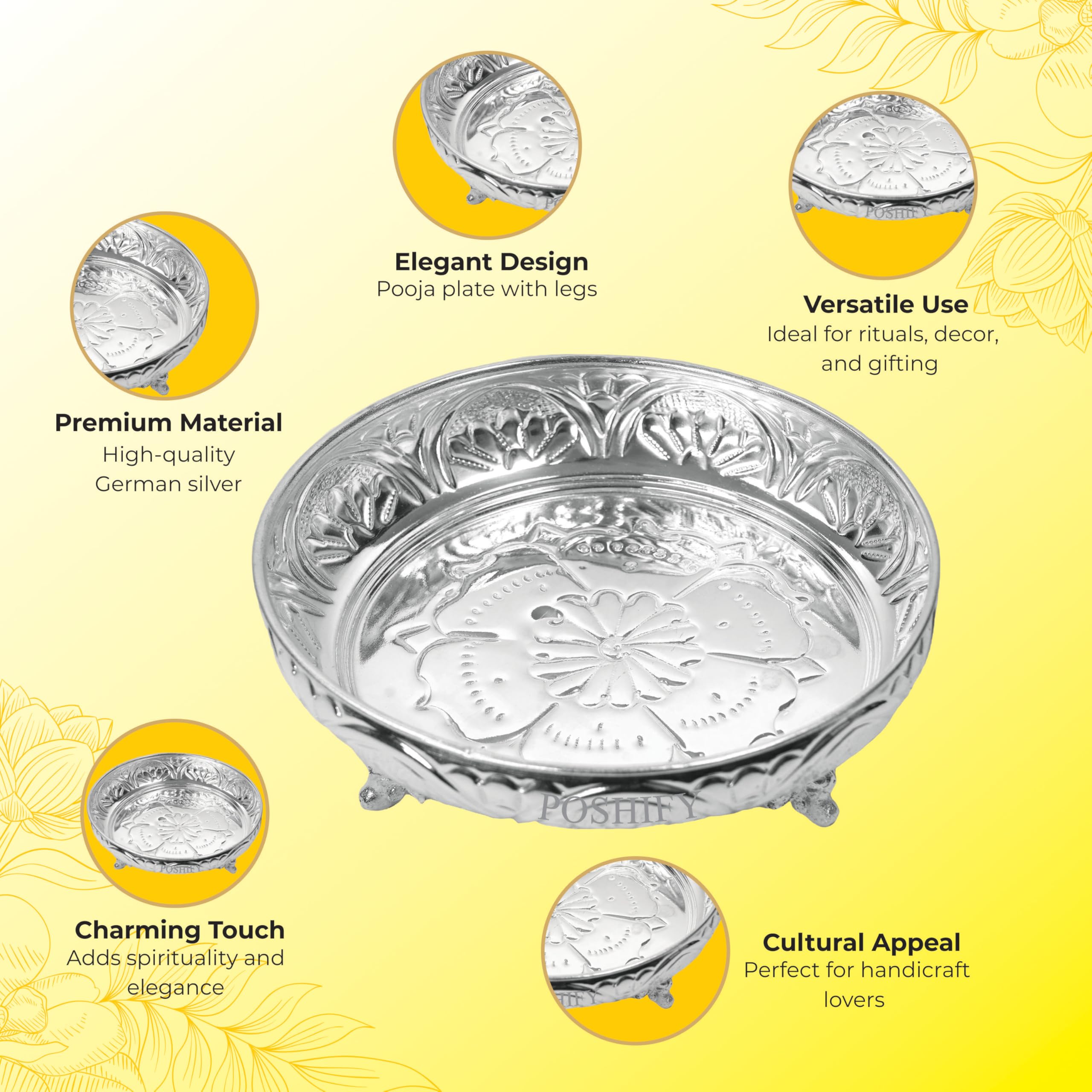 Poshify German Silver Pooja Plate with Leg for Spiritual Growth, Home Decor, Traditional Puja Thali, Aarti Plate, Temple Decoration, Puja Room Essentials, Diwali Decorations, Handcrafted Silverware 5