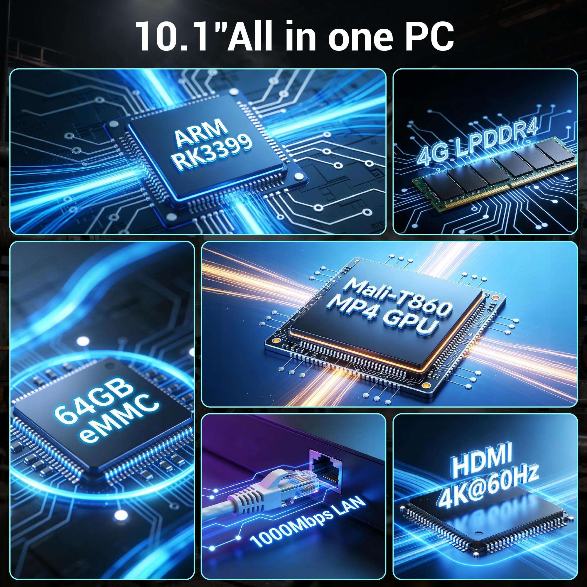 HIGOLEPC Fanless All-in-One Touchscreen Computer RK3399, Industrial Panel PC 10.1 Inch Rugged Android 12, 4GB RAM, 64GB ROM, 1280 * 800 IPS 3